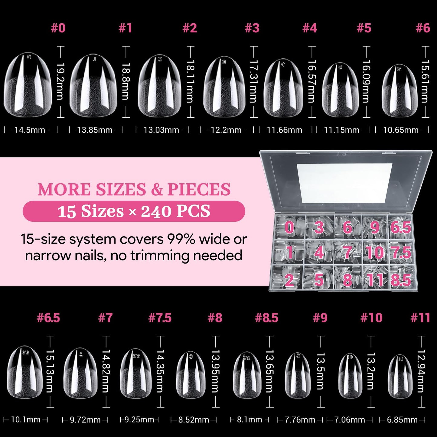 Qiek Short Oval Fake Nail Tips - 15 Sizes 240 PCS Clear Half Matte Press On False Nail Tips Pre-shaped Soft Full Cover Gel Nail Tips Extensions Thick Long Lasting for DIY Beginners & Salon Manicure