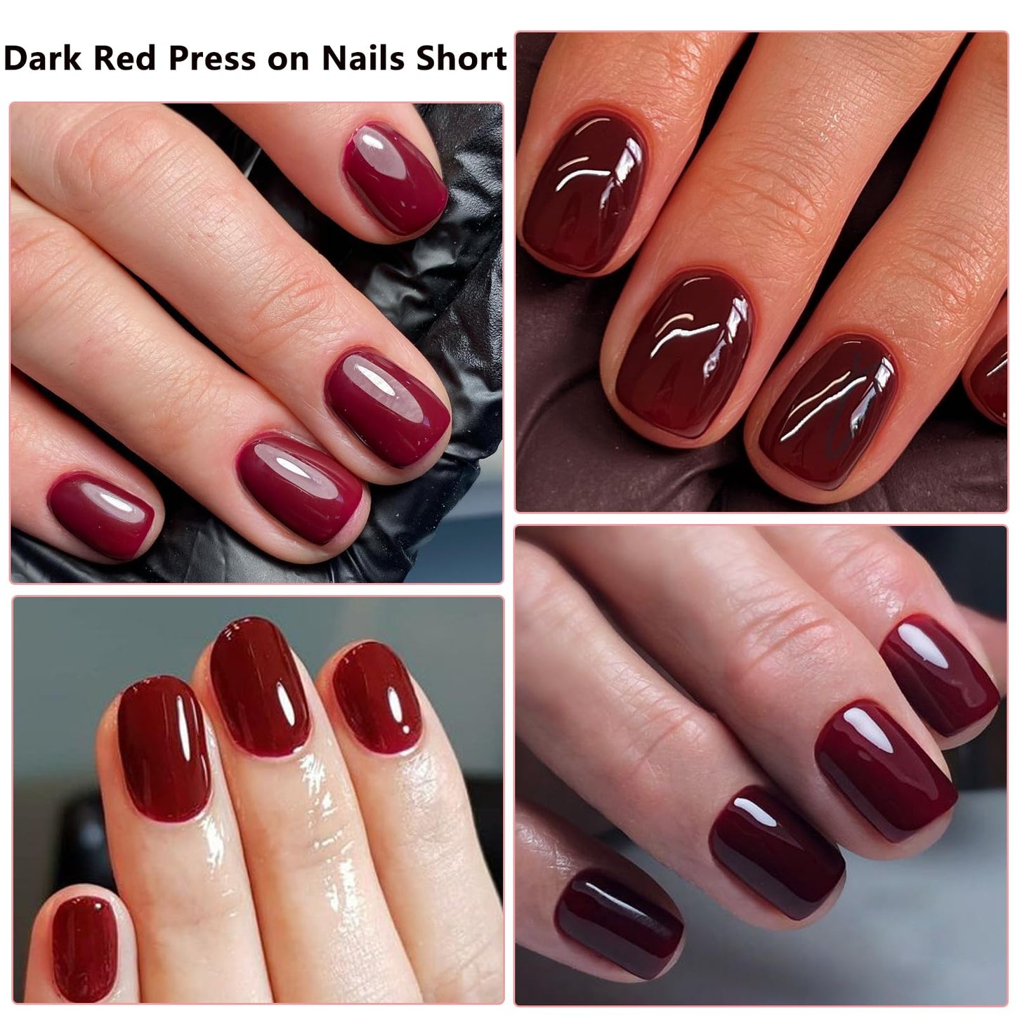 LuckForever Short Press on Nails 240pc Glossy Burgundy Press on Nails Short Square Round Fake Nails Full Cover 10 Sheets Nail Adhesive Tabs,Small Wooden Sticks and Nail Files False Nails for Women
