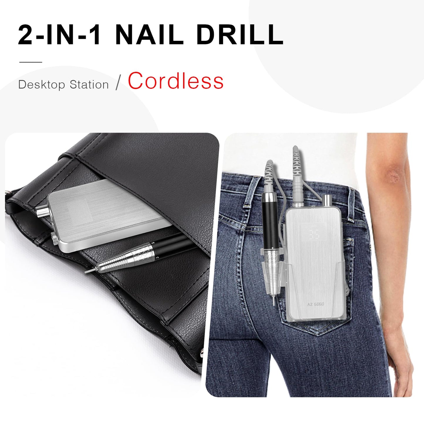 2-in-1 Professional Brushless Nail Drill, AZ GOGO 35000RPM Electric Cordless Nail File Rechargeable Portable Nail Drill Machine for Gel/Acrylic Nails 80W - Salon Level (Silver)