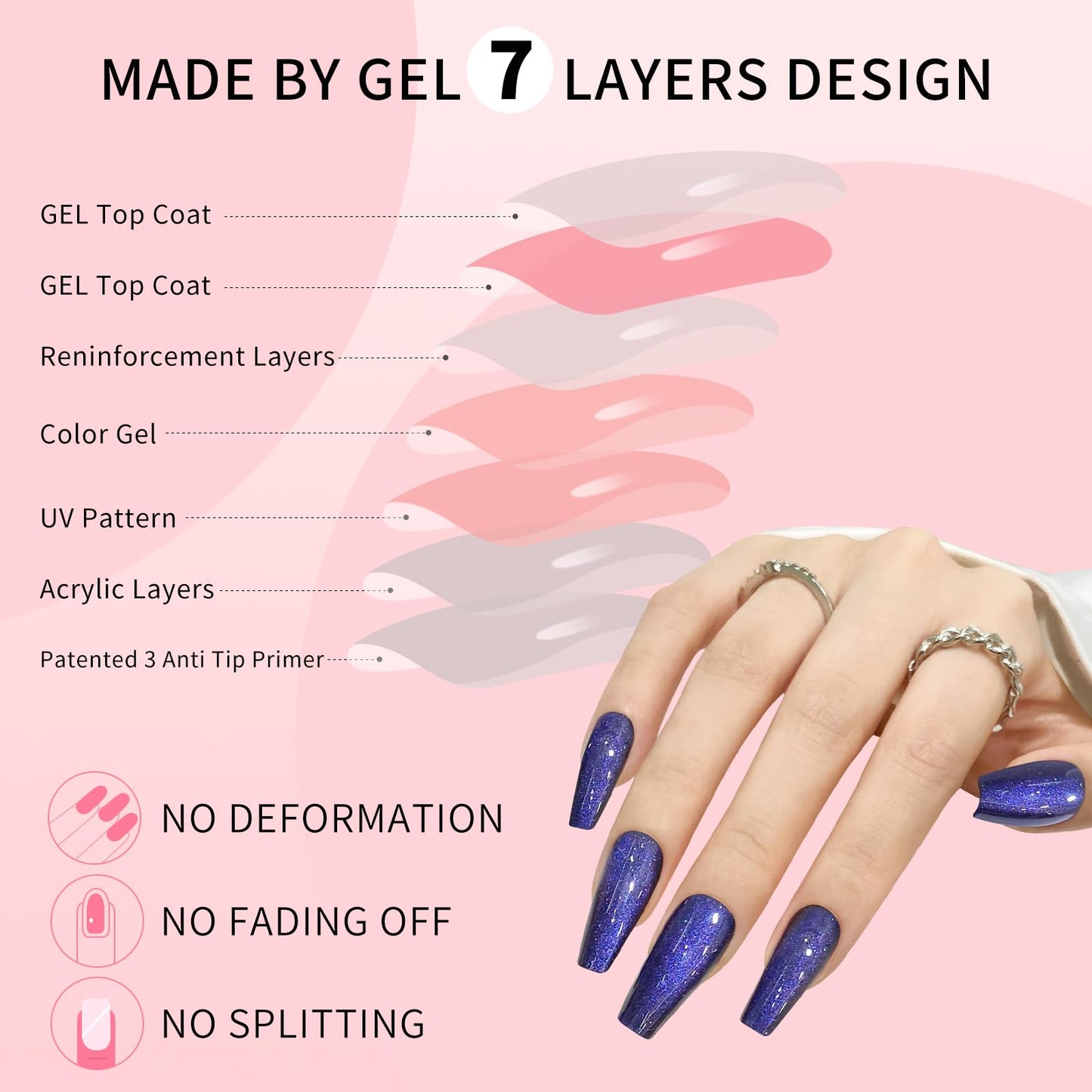 Dark Blue Cat Eyes Press On Nails,12 Sizes - 24 Pcs Soft Gel Blue Medium Coffin Fake Nails Kit with Nail Glue, Natural Reusable Stick On False Nails for Women and Girls SK0999