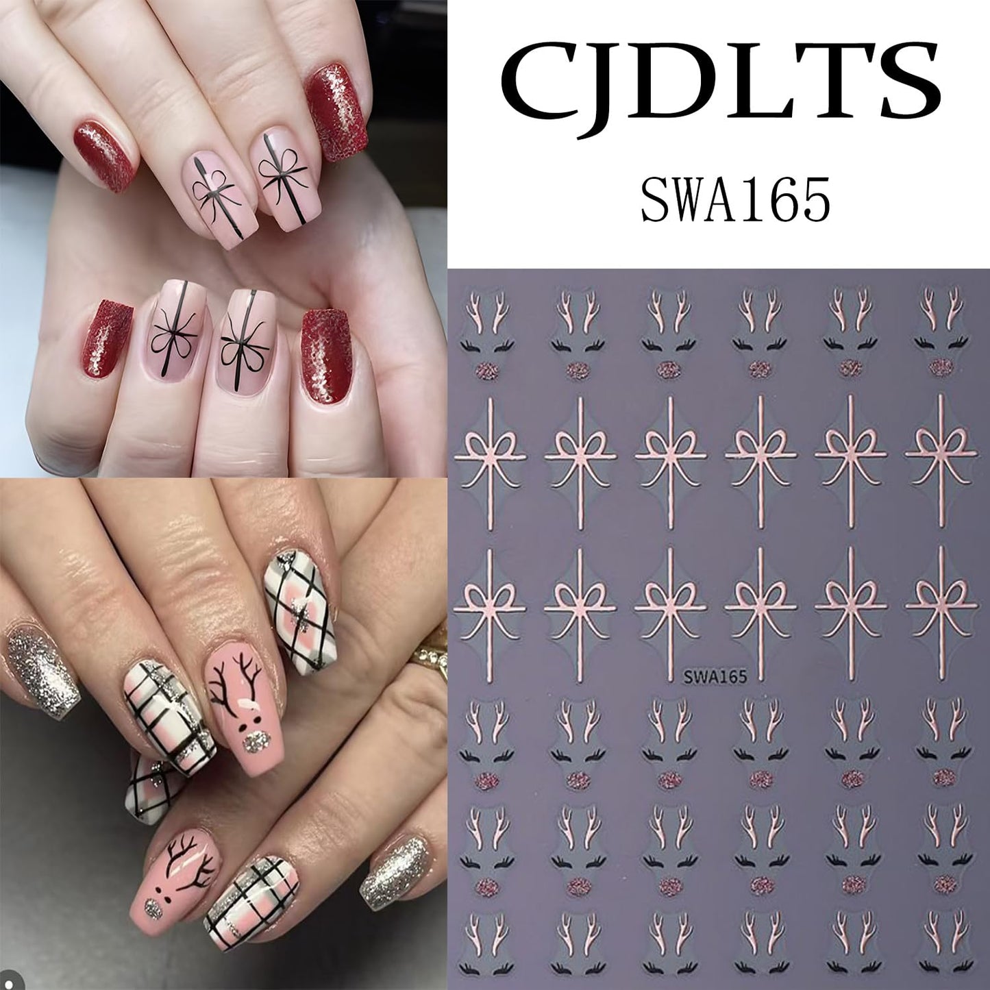 CJDLTS 6 Sheets Christmas Bow Cute Elk Nail Art Stickers Winter Holographic 3D Self -Adhesive Gold and Rose Gold Christmas Day Elk Bow Nails Decals Decoration for Women Xmas DIY Manicure