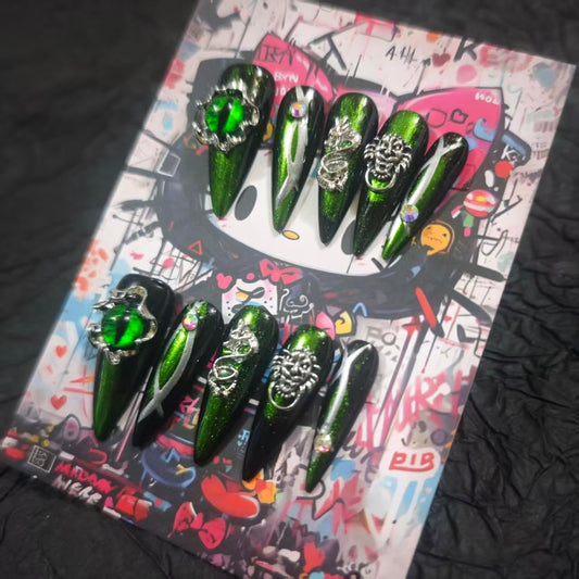Handmade Press On Nails 10Pcs Dark Gothic Style Manual Vertical Pupil Fake Nails for Women Party Holiday Photo 3.2CM Size L