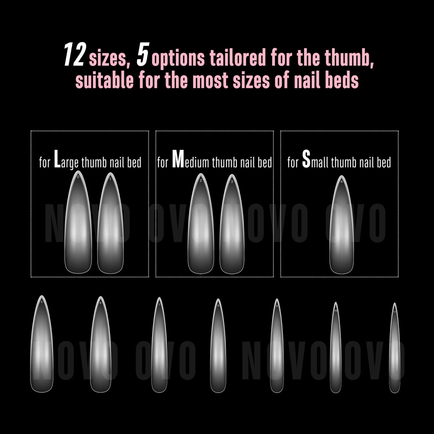 NOVO OVO Halloween XXL Curved Almond Stiletto Nail Tips Press on Full Cover, Soft Gel Extra Thick Long Acrylic Hawk Curve Fake Nails Extension Kit, Clear Pre-etched French False Nail 12 Sizes 300 Pcs