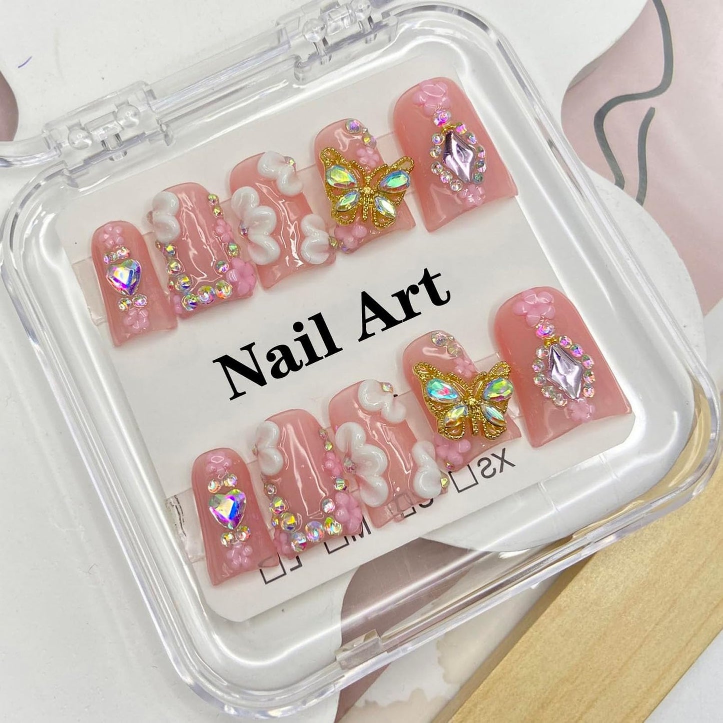 Butterfly Press on Nails, Muti-Layer Gel Handmade Press on Nails Medium, Duck Shaped False Nails with Rhinestone Flower, Full Cover Thickened Fake Nails Designs Stick on Nails for Women Nail Art DIY