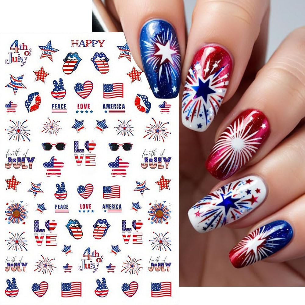 4th of July Nail Art Stickers Red Blue White American Flag Nail Stickers Fireworks Eagle Nail Decals Independence Day Patriotic Nail Art Supplies for Women DIY Manicure Nail Decoration 6Pcs