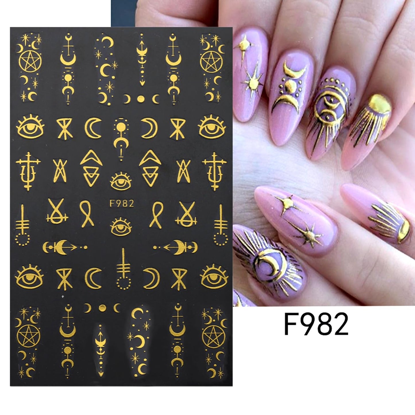 8 Sheets Gold Plastic Nail Art Stickers Decals, Star Moon Sun Designs, 3D Self-Adhesive Eyes Snake Nail Stickers for Women Girls DIY Manicure Decorations