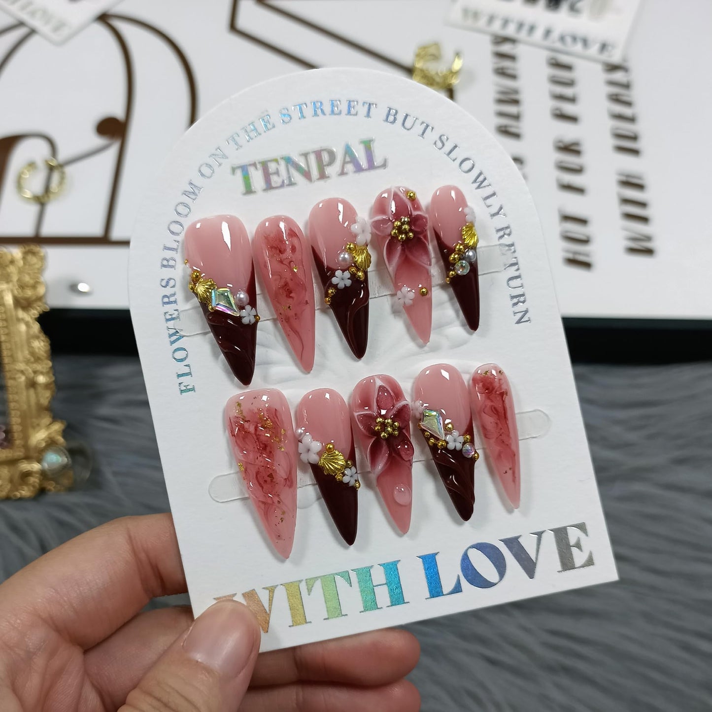 TENPAL Handmade Press on Nails Long Stiletto - Burgundy French Tips 3D Floral Embossed Glossy False Nails for Women Girls Fall Winter- Glossy Acrylic Y2K Nails for Parties Date Daily Wear(L)