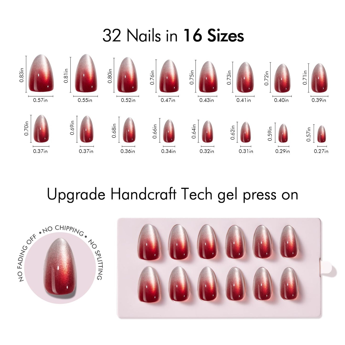 Press On Nails - Short Almond Cat Eye Nails Set, Blue Chrome Cat Eye - silver Red Ombre, UV Cured Nails & Mini Pack