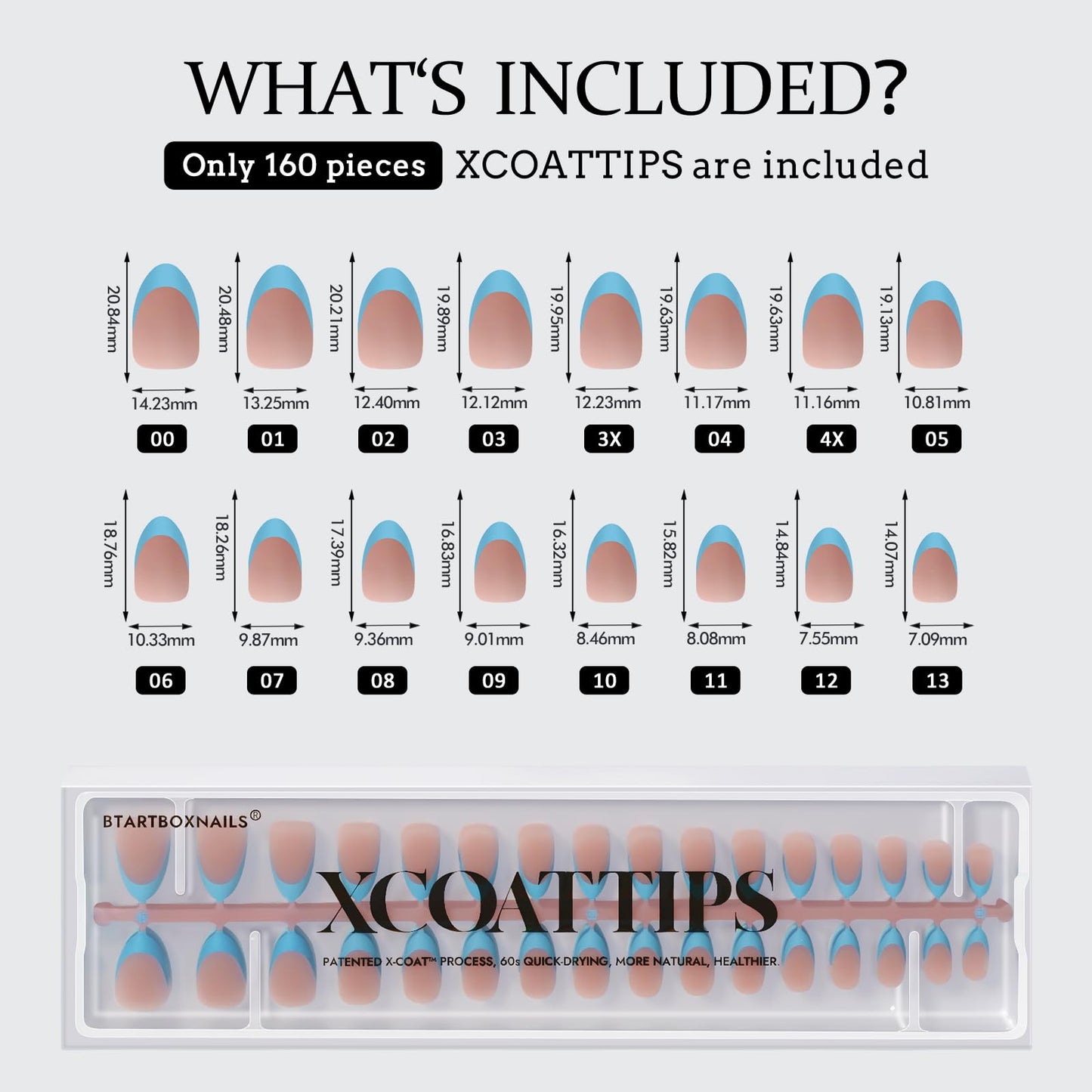BTArtboxnails XCOATTIPS French Tip Press On Nails - Blue Press On Nails Short, Almond Fake Nail Tips, 160Pcs Soak Off Soft Gel Acrylic Brown Nail Extension in 16 Sizes