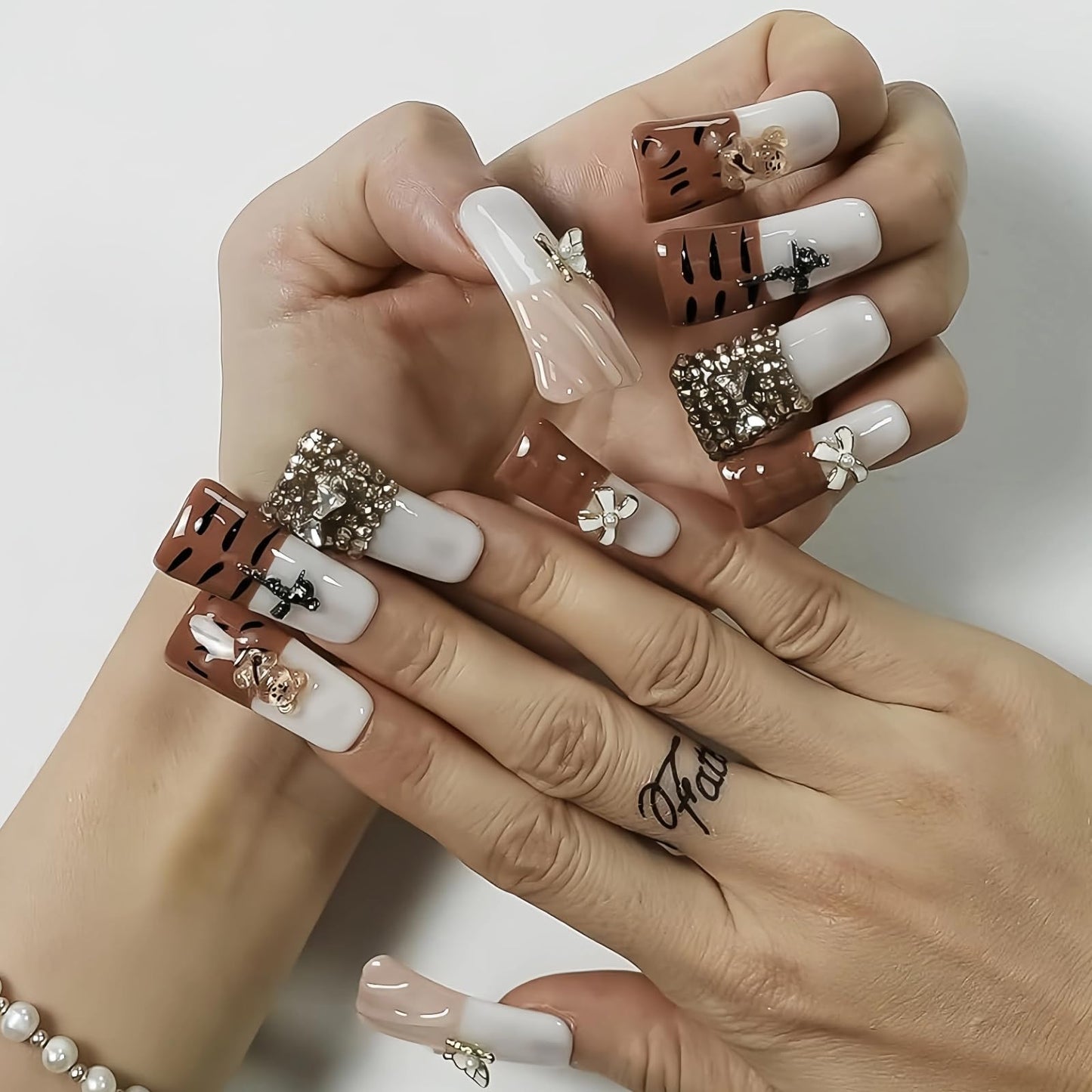 Tesytto Press On Nails Long Duck, Handmade French Tip Fake Nails with 3D Butterfly, Bear, Tiger Stripe, Rhinestone Bow & Rose Cross Charms, Sweet Edgy Acrylic Nails (Diamond Tiger Pattern, M)