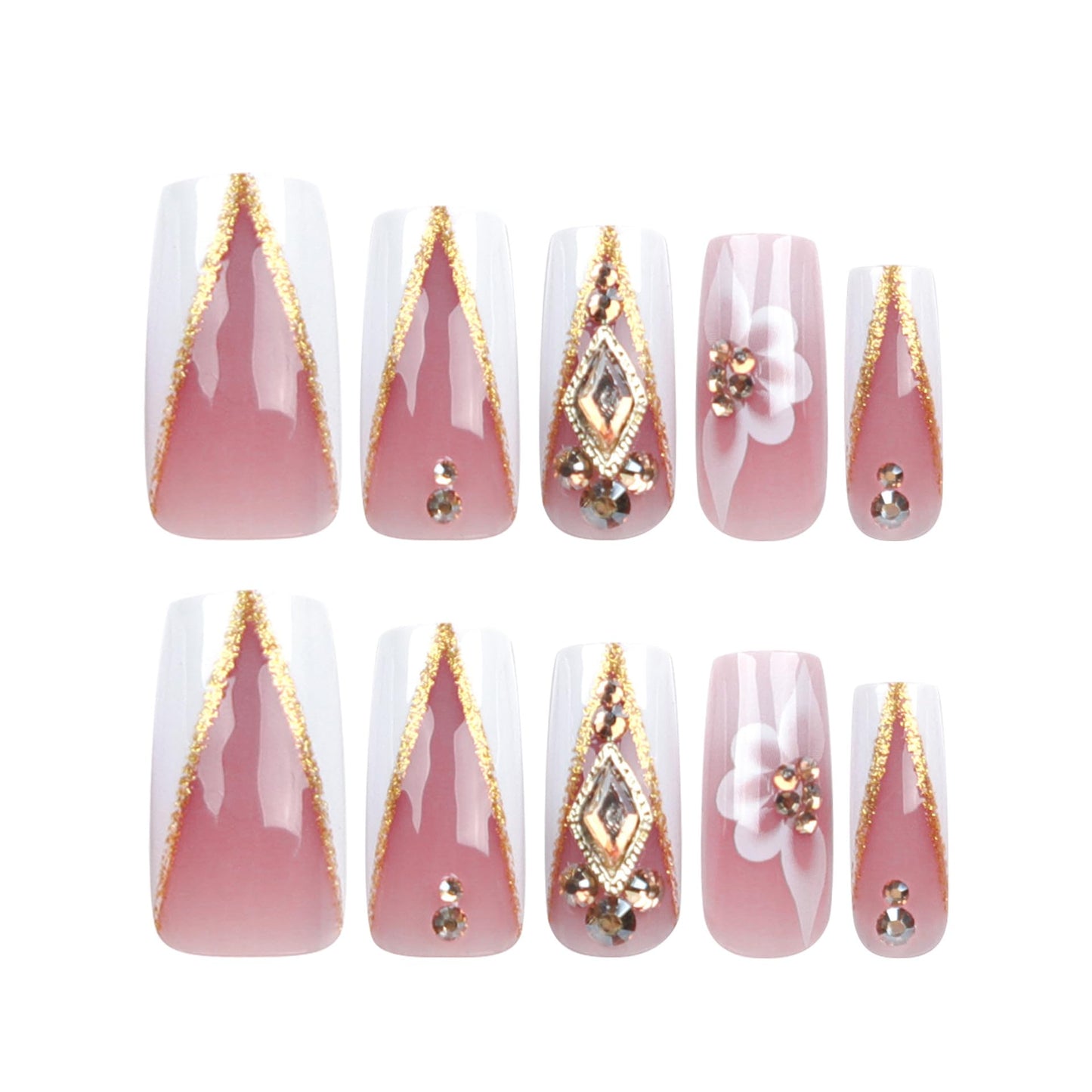 QQPPOLIU Nail Press Ons - French, Nude, Flower & Rhinestone Designs - Long, Medium, Coffin, Square, 3D, Glitter, Fake Nails - 24pcs