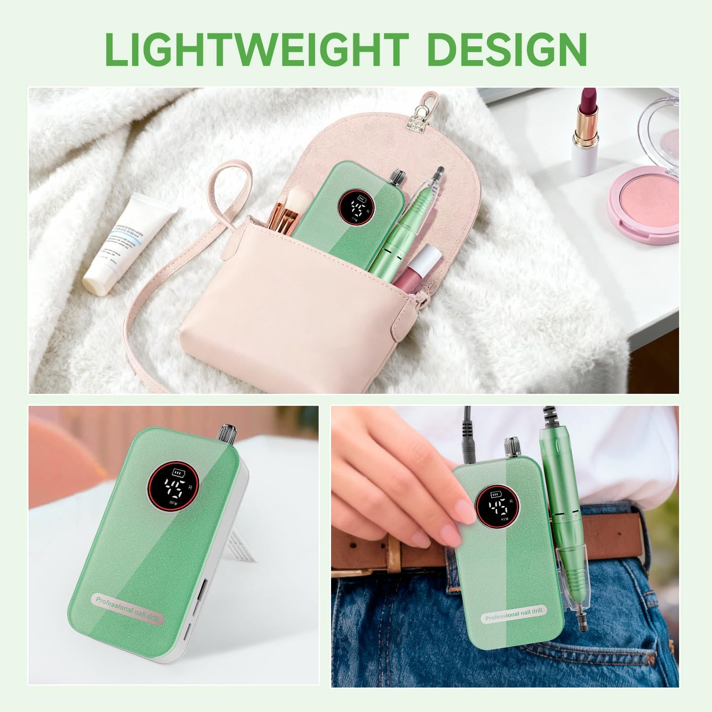 Nail Drill, Professional 45000RPM Rechargeable Electric Nail File with 11 Drill Bits & 50 Sanding Bands, Low Noise Nail Drill Kit for Acrylic Gel Nails, Salon & Home Use, Soft Green