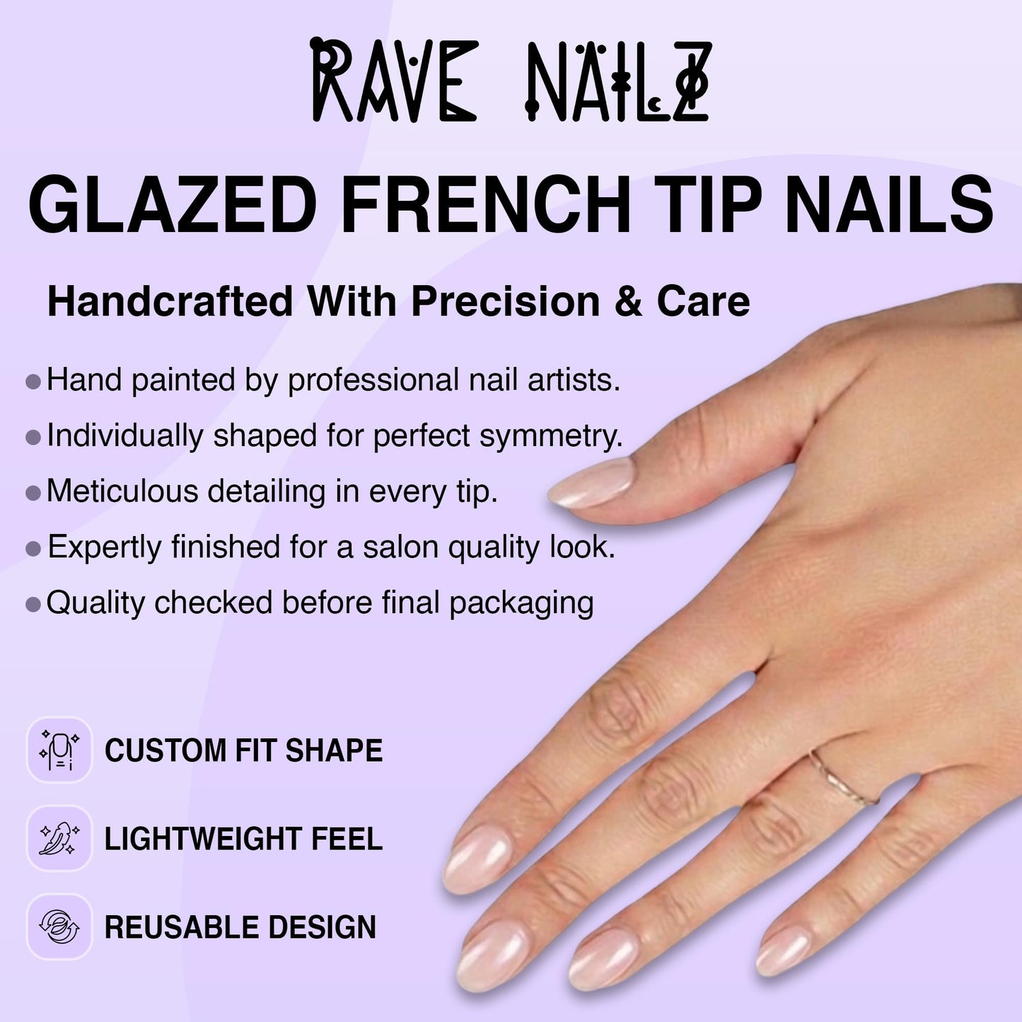 Rave Nailz Glazed French Tip Press On Nails (30 Count) - Short Oval Glossy Press On Nails with Subtle Elegance - Chip-Resistant Fake Nails with Glue, Includes File, Long-Lasting 2+ Weeks