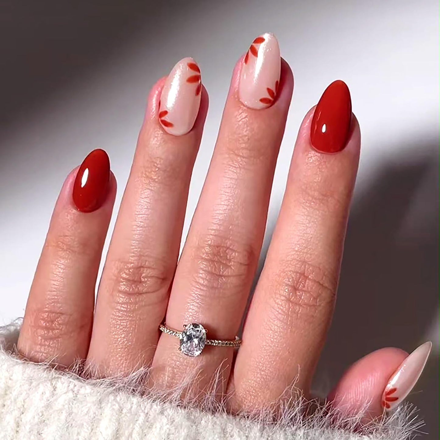 Short Almond Press on Nails Oval Red Pink Flower Fake Nails Press ons Acrylic Nails False Glossy Christmas Artificial Full Cover Stick on Nails for Women Girls 24 Pcs