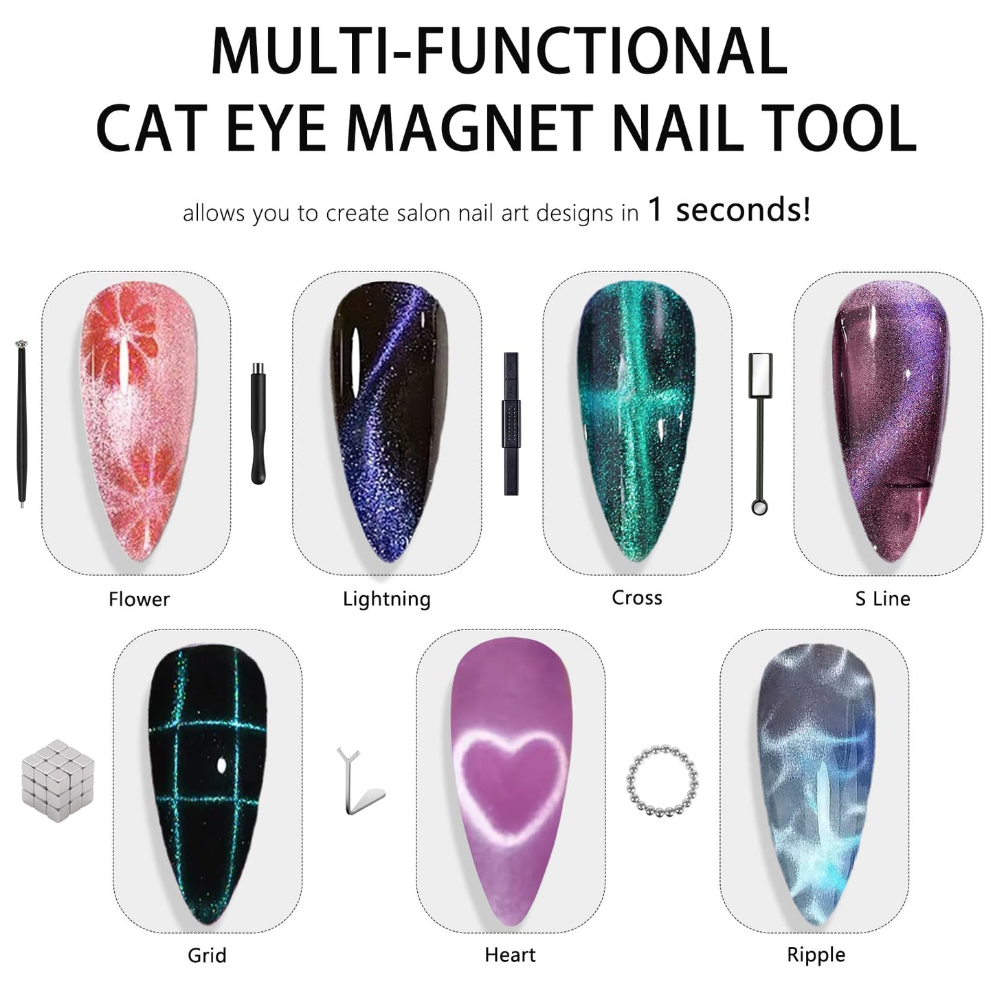 HYWWPFLAY 62Pcs Heart Cat Eye Magnet for Nails, Heart Nail Magnet Tools Set, Cat Eye Magnetic Gel Nail Polish Magnets Sticks, Magnetic Bead for Acrylic Nails DIY Manicure Accessories