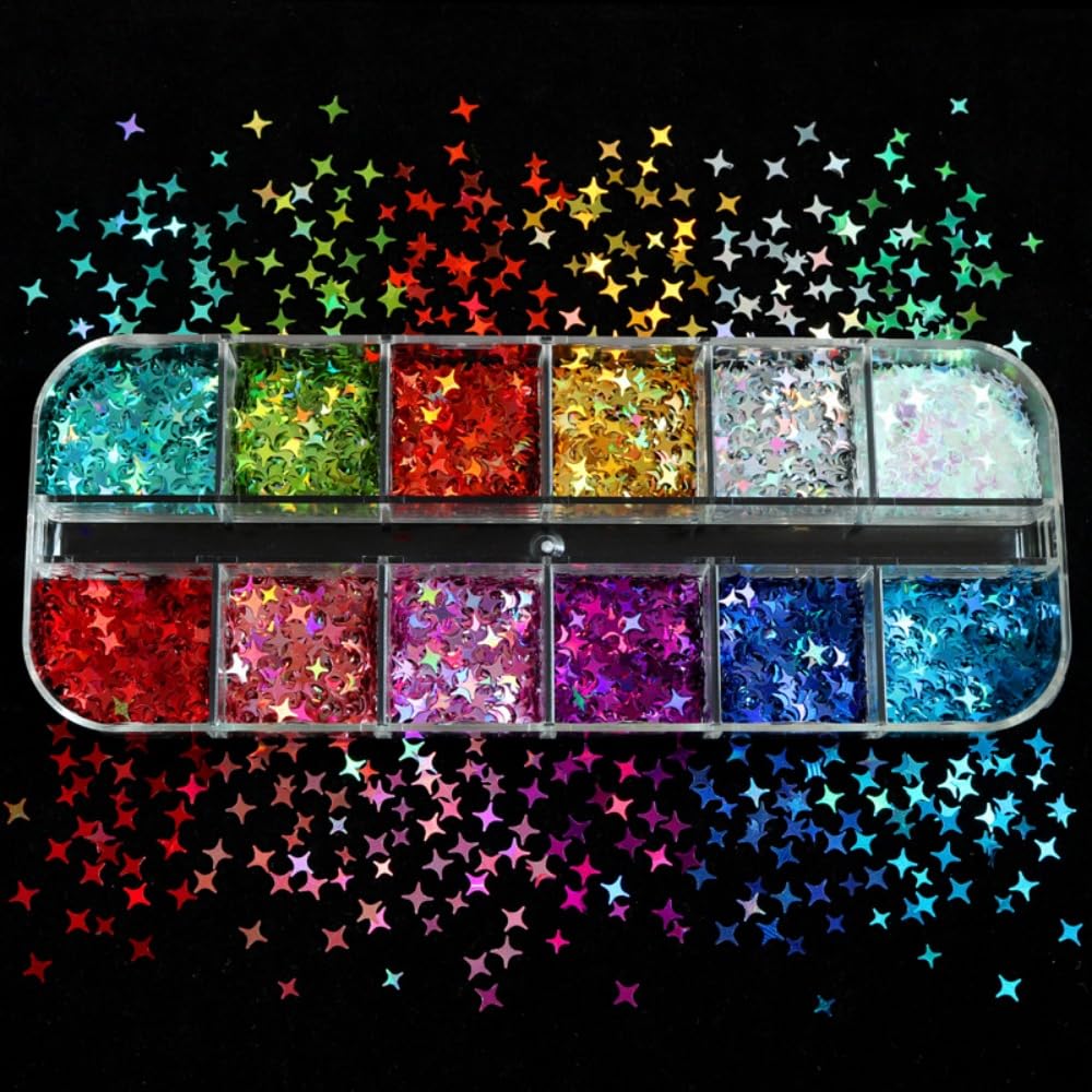 1 Box 12 Color Holographic Star Nail Glitter Silver Gold Nail Sequins 3D Colorful Nail Flakes Sparkly Powder Flakes Shiny Nail Glitter Laser Nail Sequins Glitter for Nails Art 12 Grids