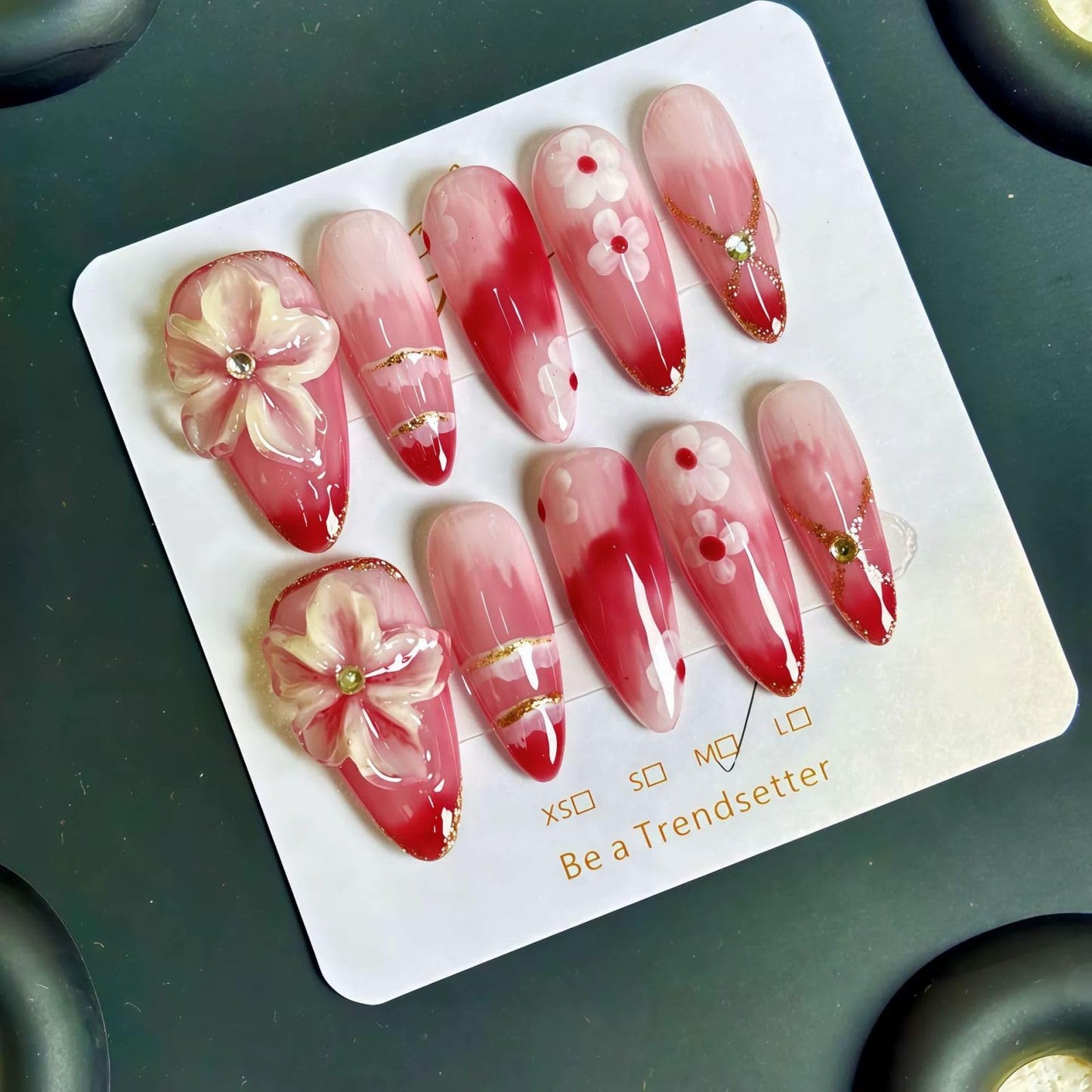 Threelegscat Red Handmade Press on Nails Long Fake Nails with Flower Designs for Women and Girls Size L 10pcs