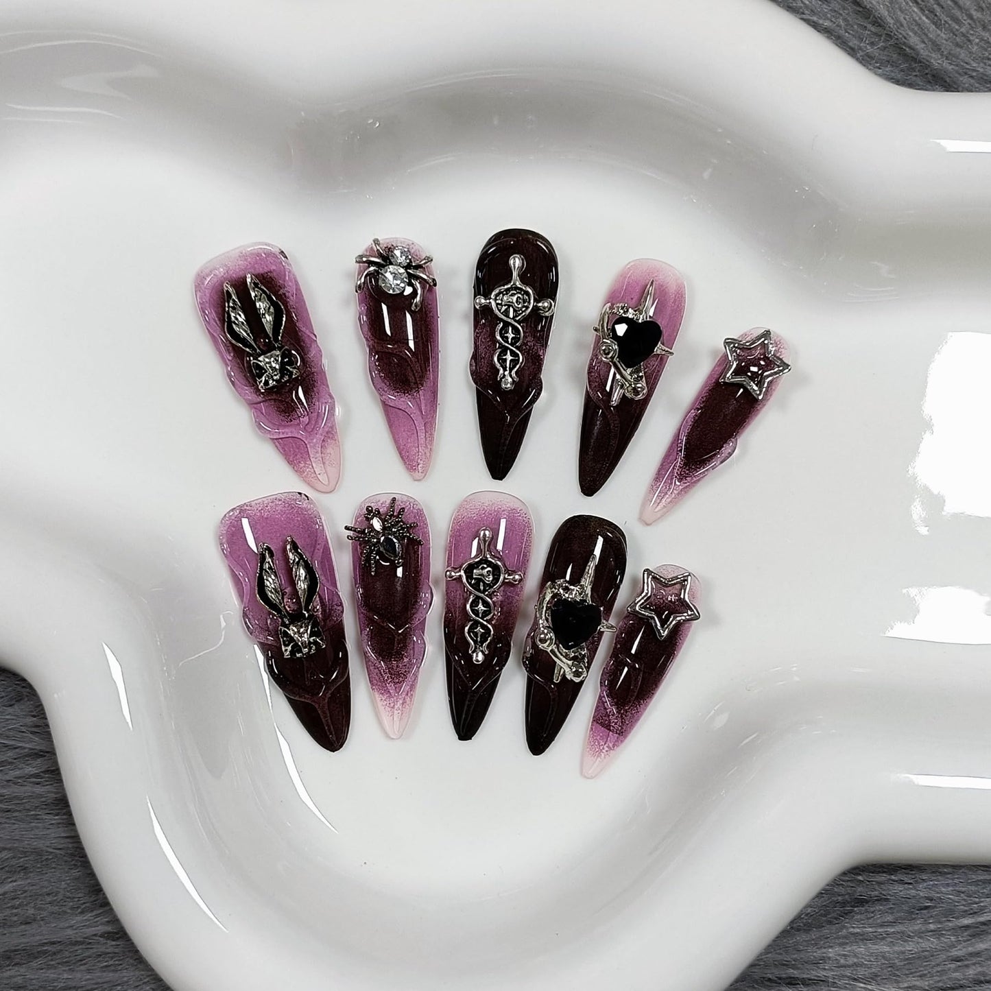 TENPAL 10Pcs Handmade Press On Nails Long Stiletto,Gothic Pink & Black Swirl Fake Nails with 3D Cross Spider Star Charms,Glossy Y2K Punk Glam Halloween Nails,Edgy Kawaii Nails for Parties Cosplay(S)