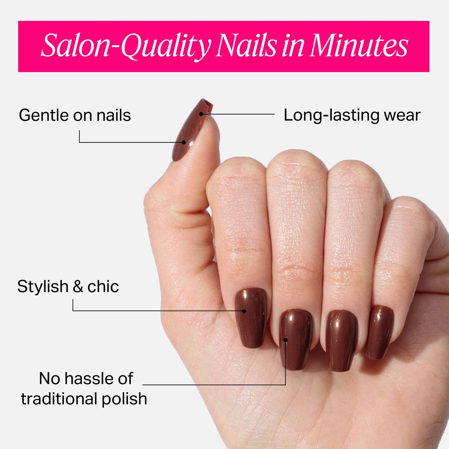 Nailboo Press On Nails, Salon-Quality Reusable Fake Nails for Fast DIY Manicure with Strong Hold Nail Glue for Press Ons, Nail File, & Alcohol Prep Pads, Bronco Brown
