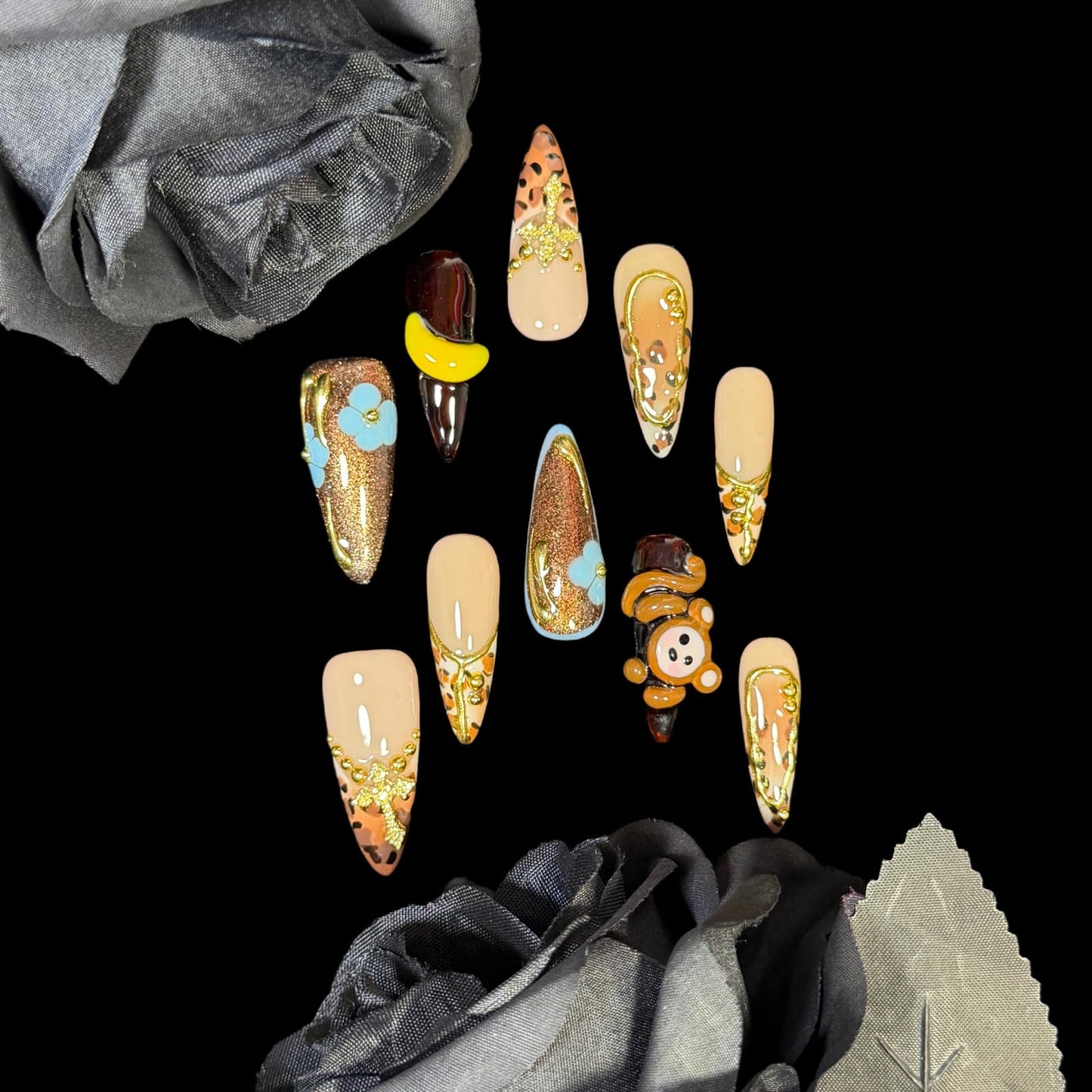 Handmade Press on Nails Cute 3D hand-crafted Monkey & Banana, Leopard Print Design - Long Stiletto Shape Reusable False Nails, Fun Animal Themed Nail Art (Pawky Monkey, M)