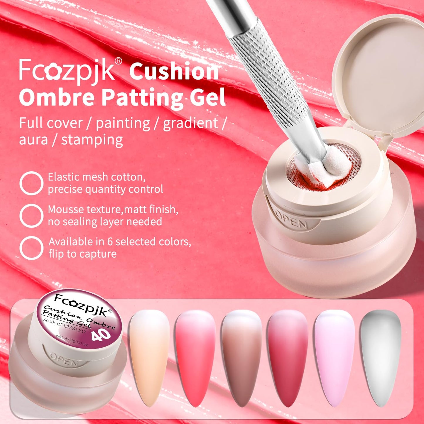 Fcozpjk 6 Colors Cushion Pat Painting Gel Nail Polish Neutral Nude Pink White Ombre Gradient Paint Gel with 50PCS Soft Nail Sponges Grabber Pen Blending Stamping Aura Design Matte No Wipe UV Cure