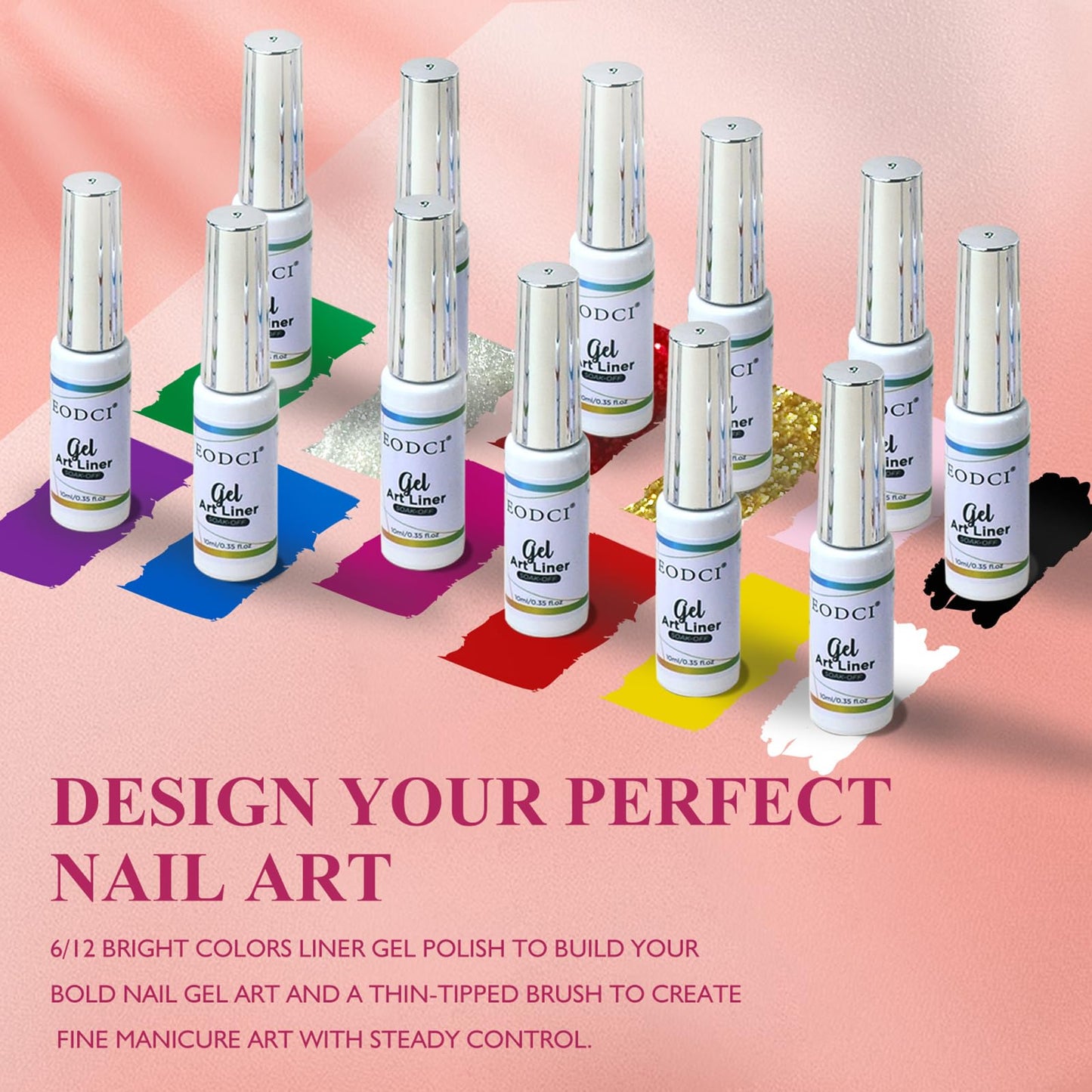eodci Nail Art Gel Liner Set, 12 Colors Black Red Pink Yellow Green Glitter Fall Winter Gel Polish for Swirl French Tip Painting Designs Soak Off Built Thin Brush DIY Nail Design Kit