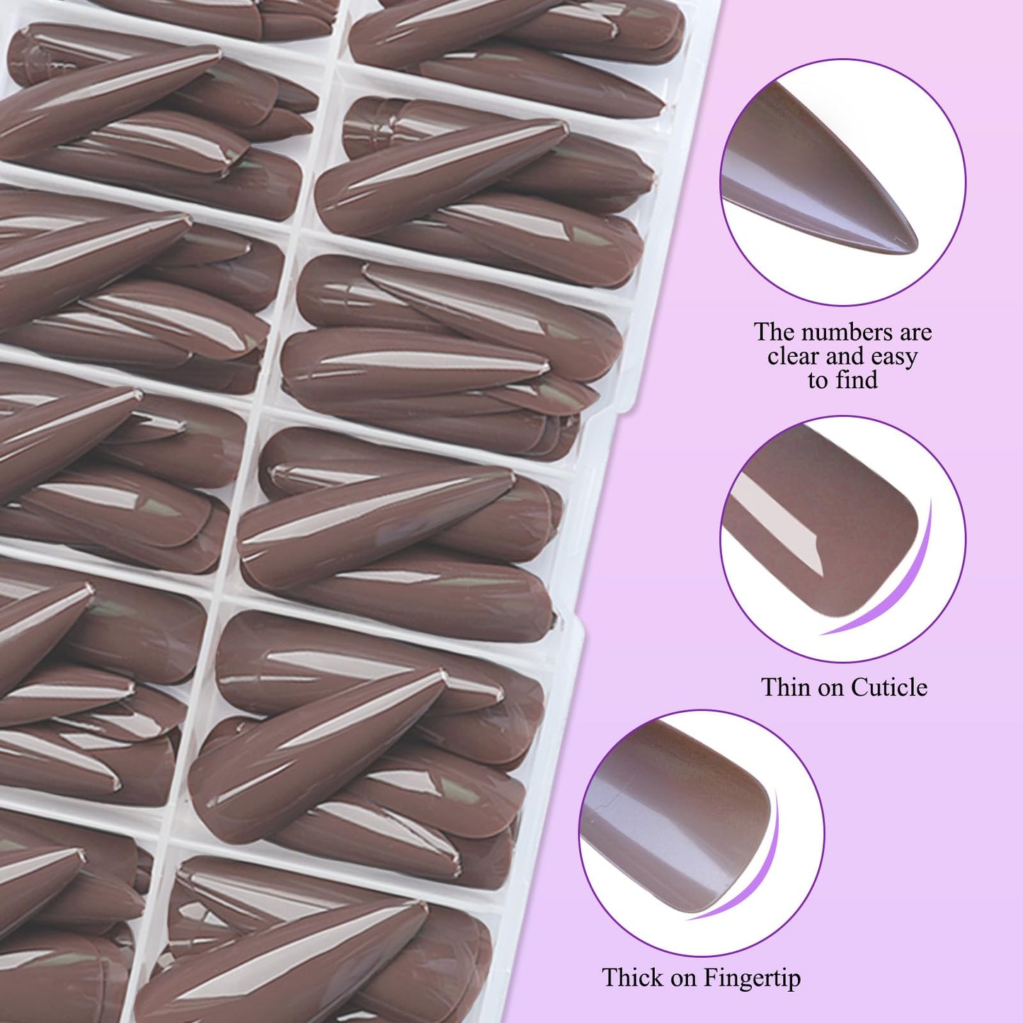 144pc Brown Press on Nails Long Stiletto Fake Nails with Glue Tabs, Brown Nails Press ons Nails Stiletto Glue on Nail Pointy Acrylic Nails Stick False Artificial Fingernail for Women Girls
