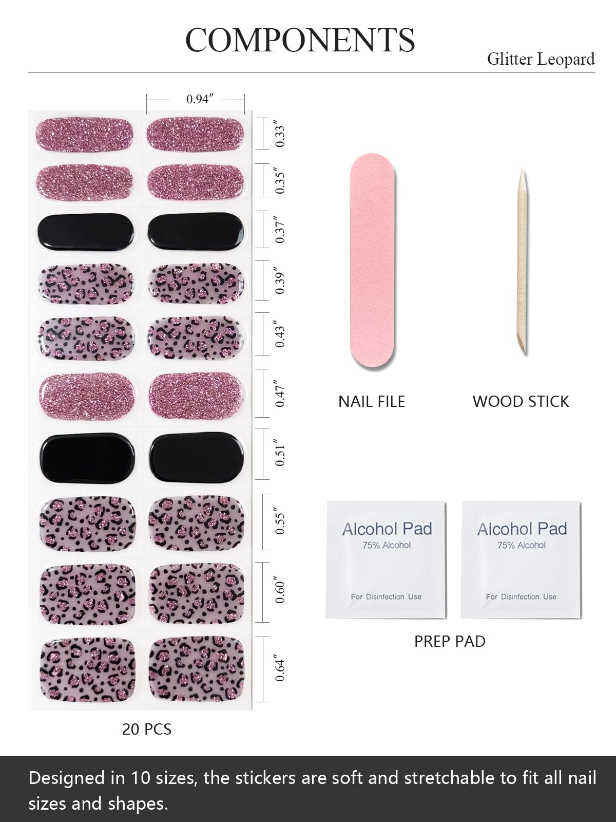 AutyaMee Semi Cured Gel Nail Strips (Glitter Leopard), Purple, 20 Pcs Gel Nail Wraps, Stickers, Salon Quality, Long Lasting, Works with Any UV Lamps