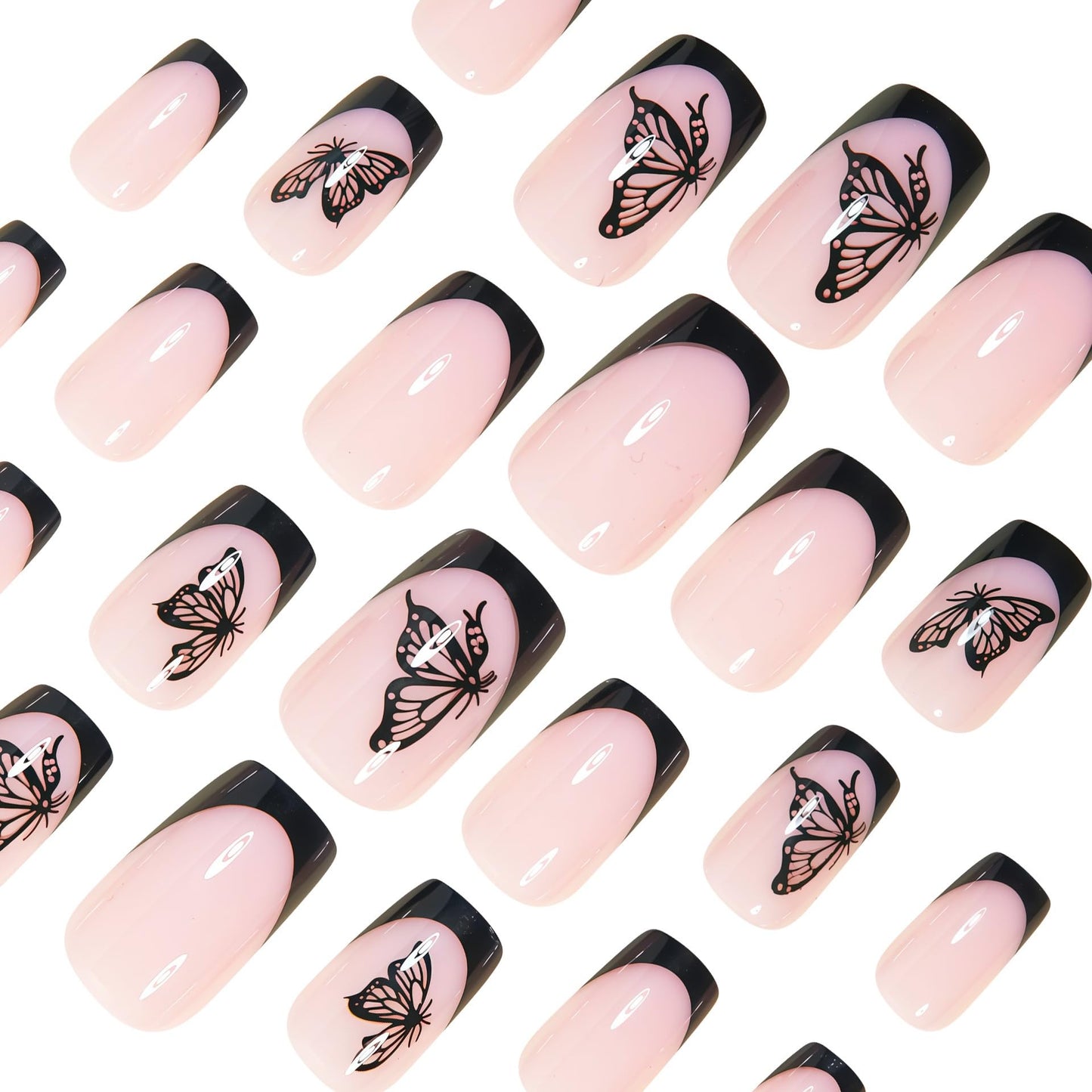 CTTHNBD Press on Nails Medium - Square Fake Nails with Butterfly Design - Black French Tip False Nails Press ons - for Women 24 Pcs
