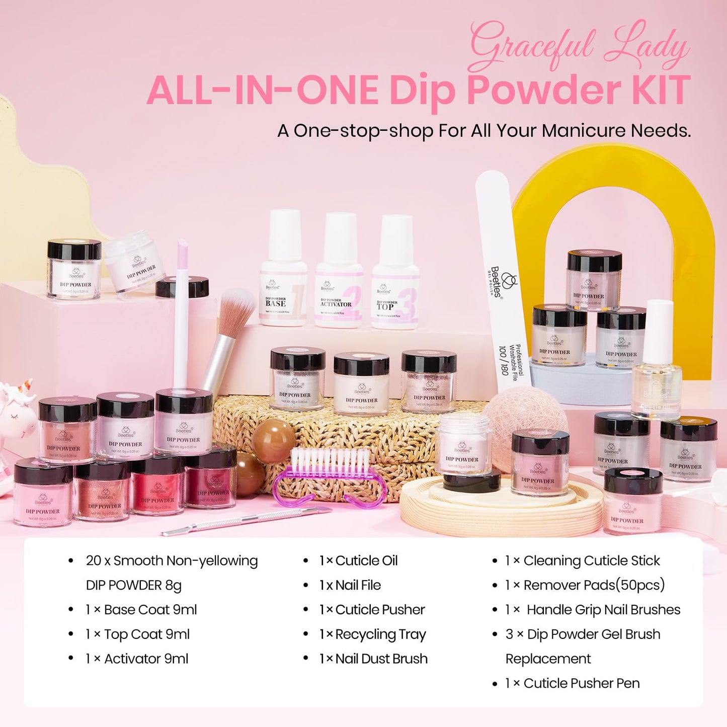 Beetles 36Pcs Dip Powder Nail Kit Starter, 20 Colors Nude Pink Yellow Gray Glitter Burgundy Dipping Powder Set with Base Top Coat Activator Brush Saver for Nail Art Summer Manicure Gift for Women