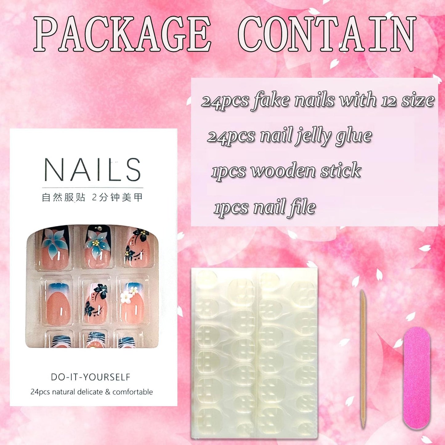 FIEONCIY Press on Nails Square Short Length Glossy Full Cover Acrylic Short Square Shaped False Nails with French Designs Artificial Fake Nails Glue Stick ons Fingernails for Women Girls(W2450)