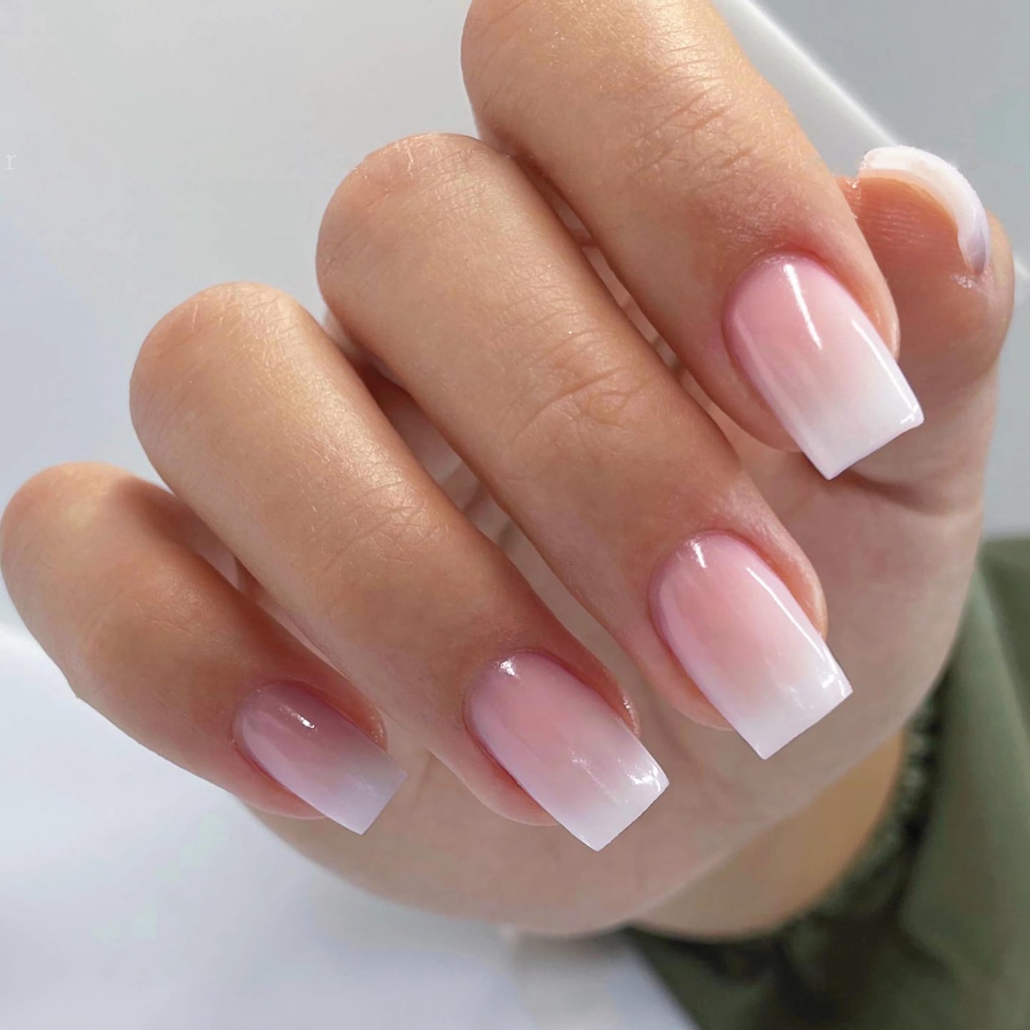 Qsnidy Press on Nails Square - French Ombre Pink Fake Nails Medium Acrylic Glossy Full Cover Stick On Nails for Women and Girls Daily Wear, Natural Fit Glue on Nails in 12 Sizes - 24 Nails Kit