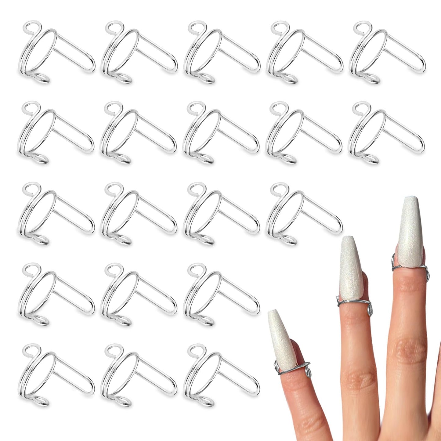 Bagentry 20 Pieces Detachable Nail Rings Silver, Adjustable Fingernail Rings for Women Girl Gift, Reusable No Glue Metal Nails for Fingers Art Decoration (Silver)
