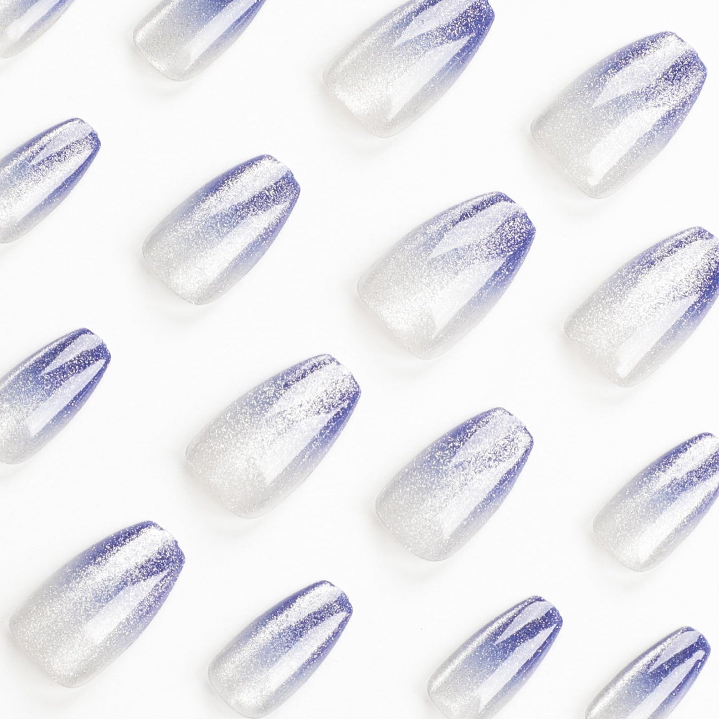 SINHOT Medium Coffin Press On Nails - Glossy Blue Ombre Acrylic Ballerina Artificial Nails With Bling Cat Eye Design - 24 Pcs