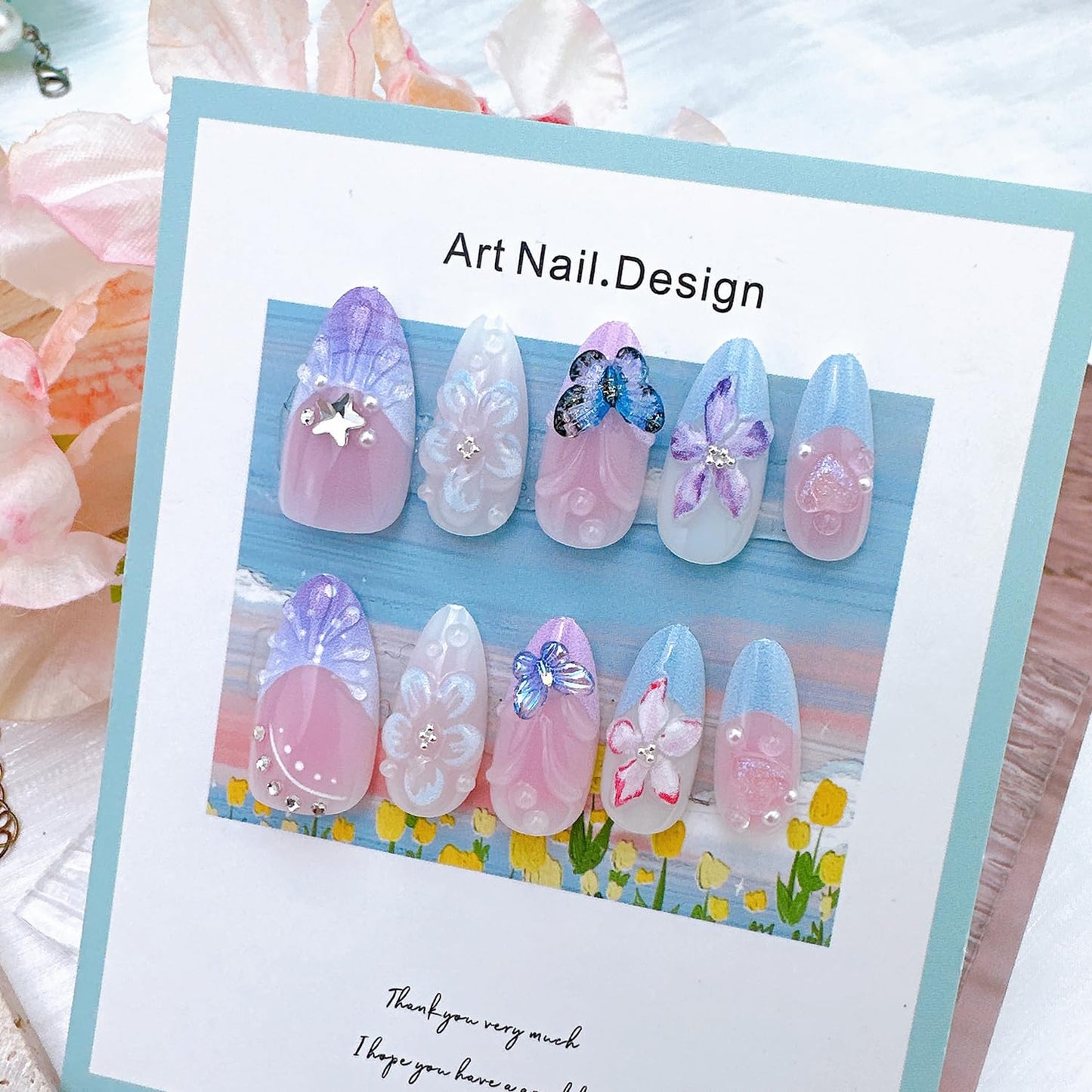 30Pcs Spring Butterfly Press on Nails Medium Almond Purple French Tip Fake Nails with Butterflies Rhinestones Cute Flower Acrylic Nails Spring False Nail Set Floral Full Cover Stick on Nails for Women