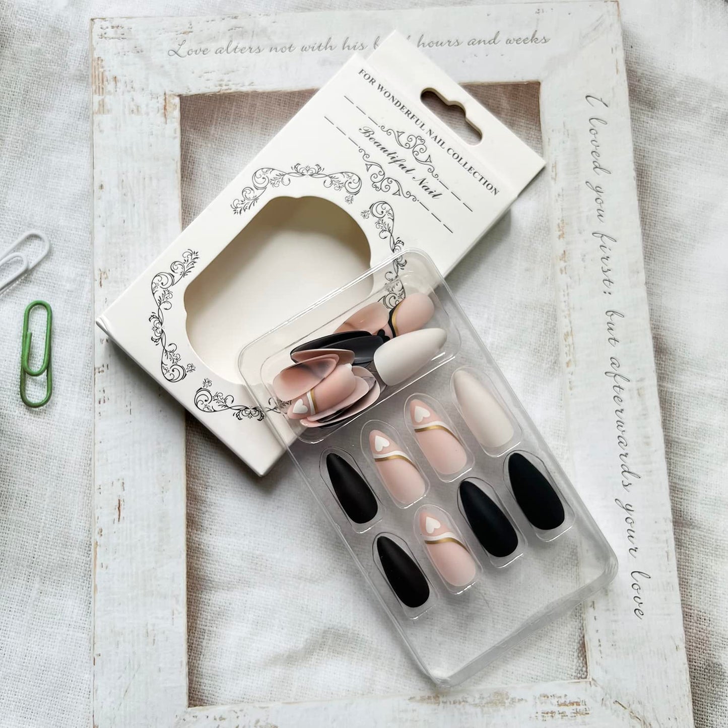 Black White Heart Press on Nails Almond, Medium Length Fake Nails French Love Design Valentine's Day Nails Full Cover False Nail Acrylic Nails with Nail Glue for Women and Girls 24 Pcs