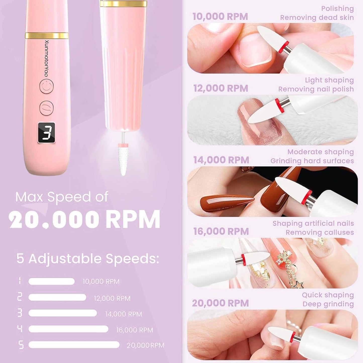 XunmotorYao Professional Electric Nail Drill File, Cordless Nail Drill Machine kit for Acrylic Gel Dip, 12 in 1 Nail Machine Kit Portable Rechargeable Manicure Pedicure Tools for Home Salon(Pink)