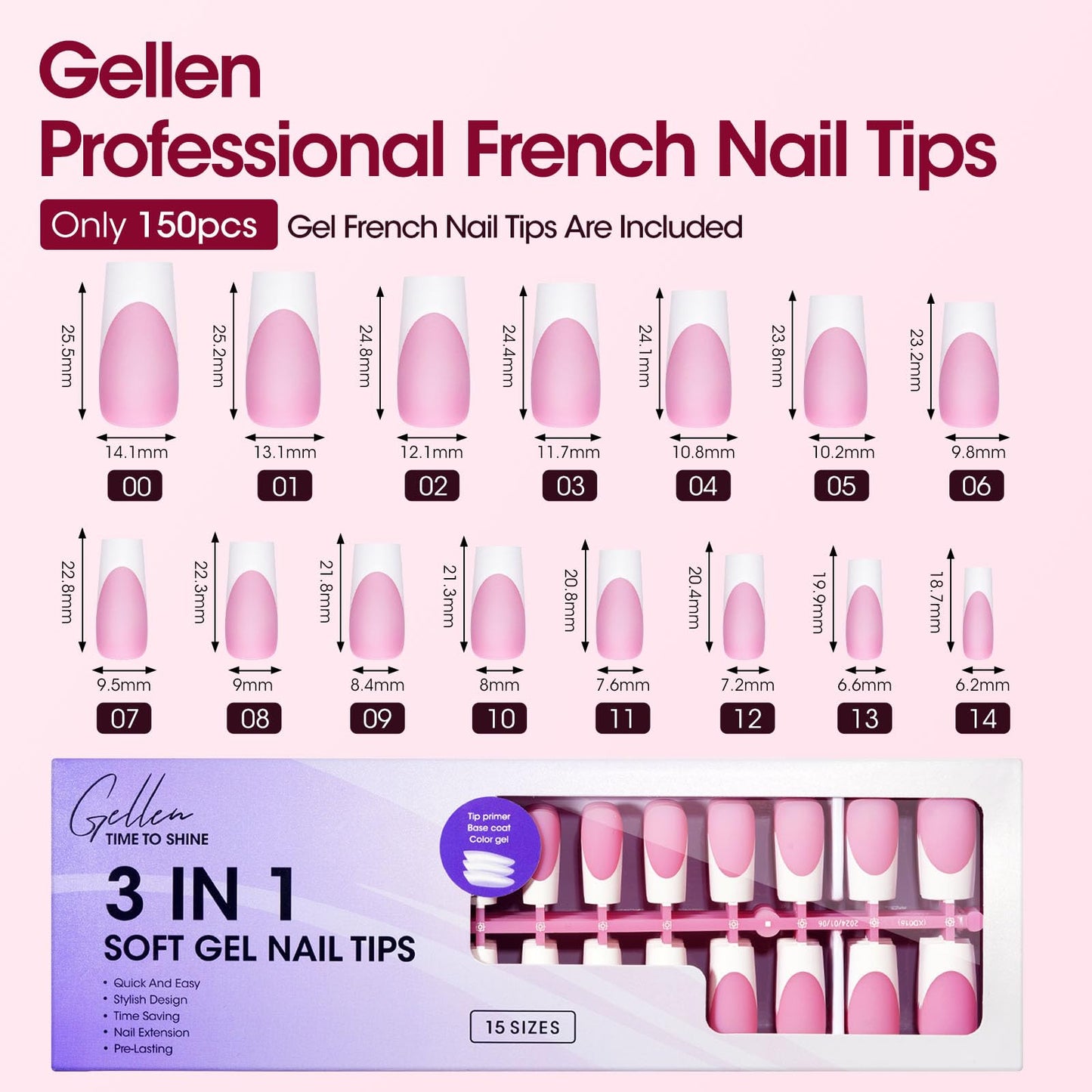 Gellen French Soft Gel Nail Tips - 150 pcs 15 Sizes French Tip Press on Nails Pink Long Square Fake Nails, 3 in 1 Pre-french Gel Nail Tips No Need to File