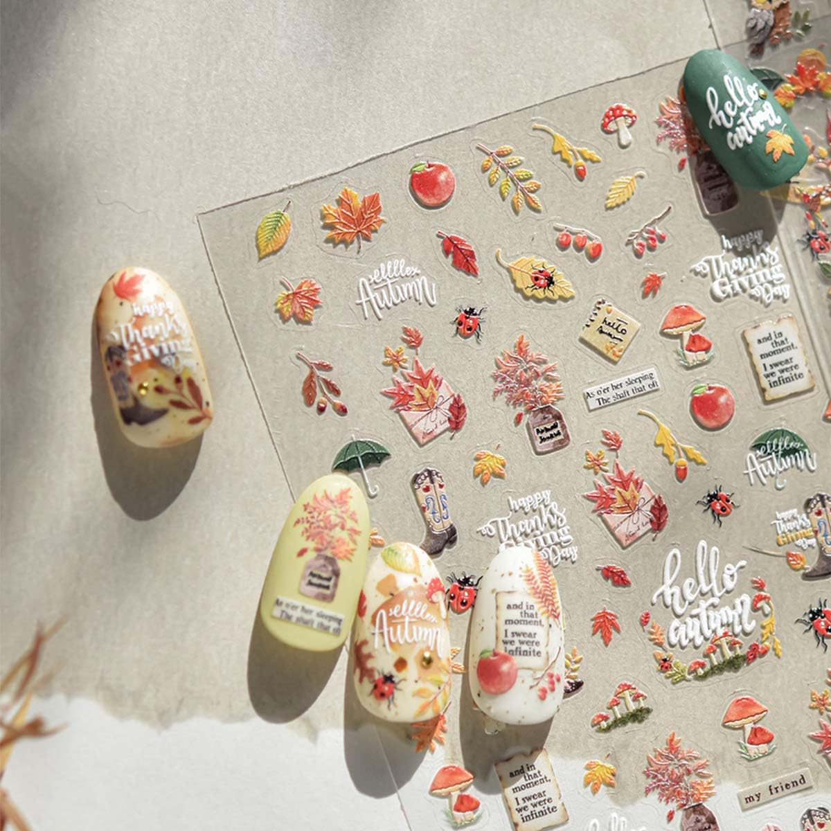 Fall Nail Stickers for Nail Art Thanksgiving Day Nail Art Sticker Autumn Maple Leaves Nail Decals Mushroom Ladybug Stickers for Nails Design Self Adhesive Nails Supplies for Women Girls 1 Sheet