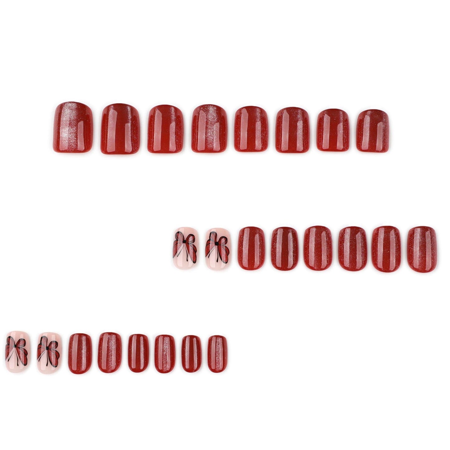 24Pcs Red Press on Nails Short Square Fake Nails Cat's Eye False Nails with Glitter Butterfly Designs Acrylic Nails for Women Manicure