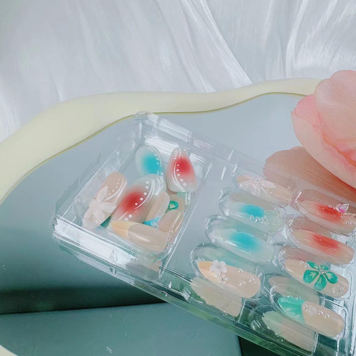 Blue Beach Press on Nails with Charms Medium Almond Fake Nails Shell Starfish Fake Nails French Nails Press ons Cute Flower Stick on Nails Short Acrylic Pearl Nails Rhinestones Nails for Daily Wear