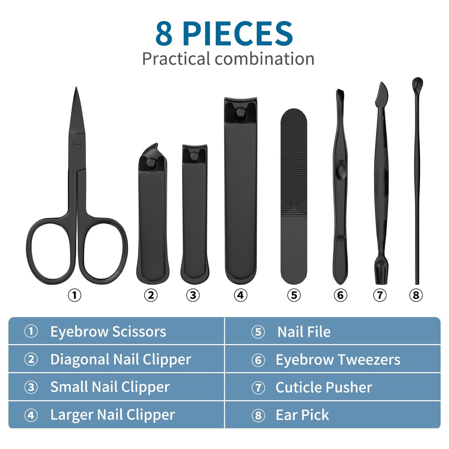 OFIDUS Precision 8 Pieces Men’s Nail Grooming Travel Kit, Stainless Steel Manicure Set with Fingernail & Toenail Clippers, Nail File, Slant Tip Tweezers, Cuticle Scissors, Cuticle Pusher, Travel Case