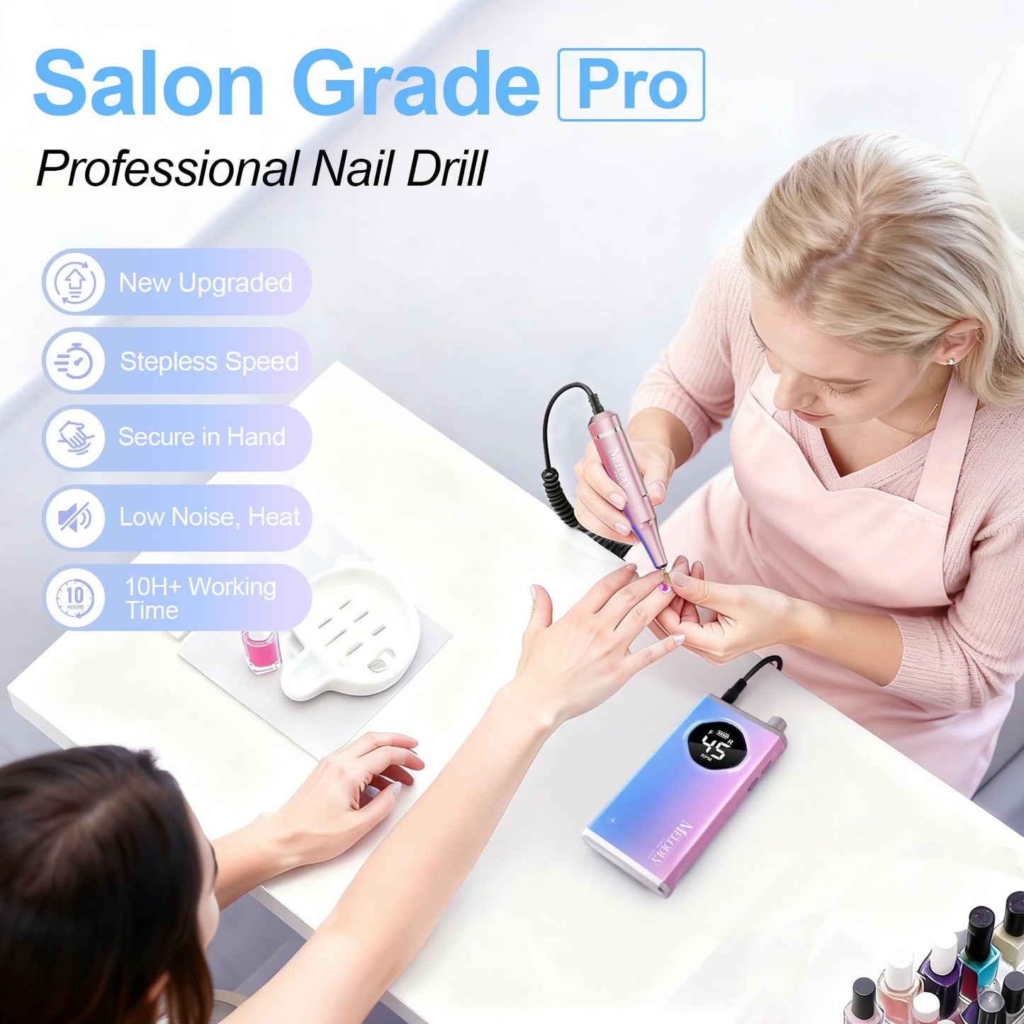 Electric Nail Drill File Professional 45000 RPM, Melodly Rechargeable Electric Nail File Machine Kit for Acrylic Gel Nails Polishing Removing, Portable Cordless Efile with Gold Bits Kit at Salon Home