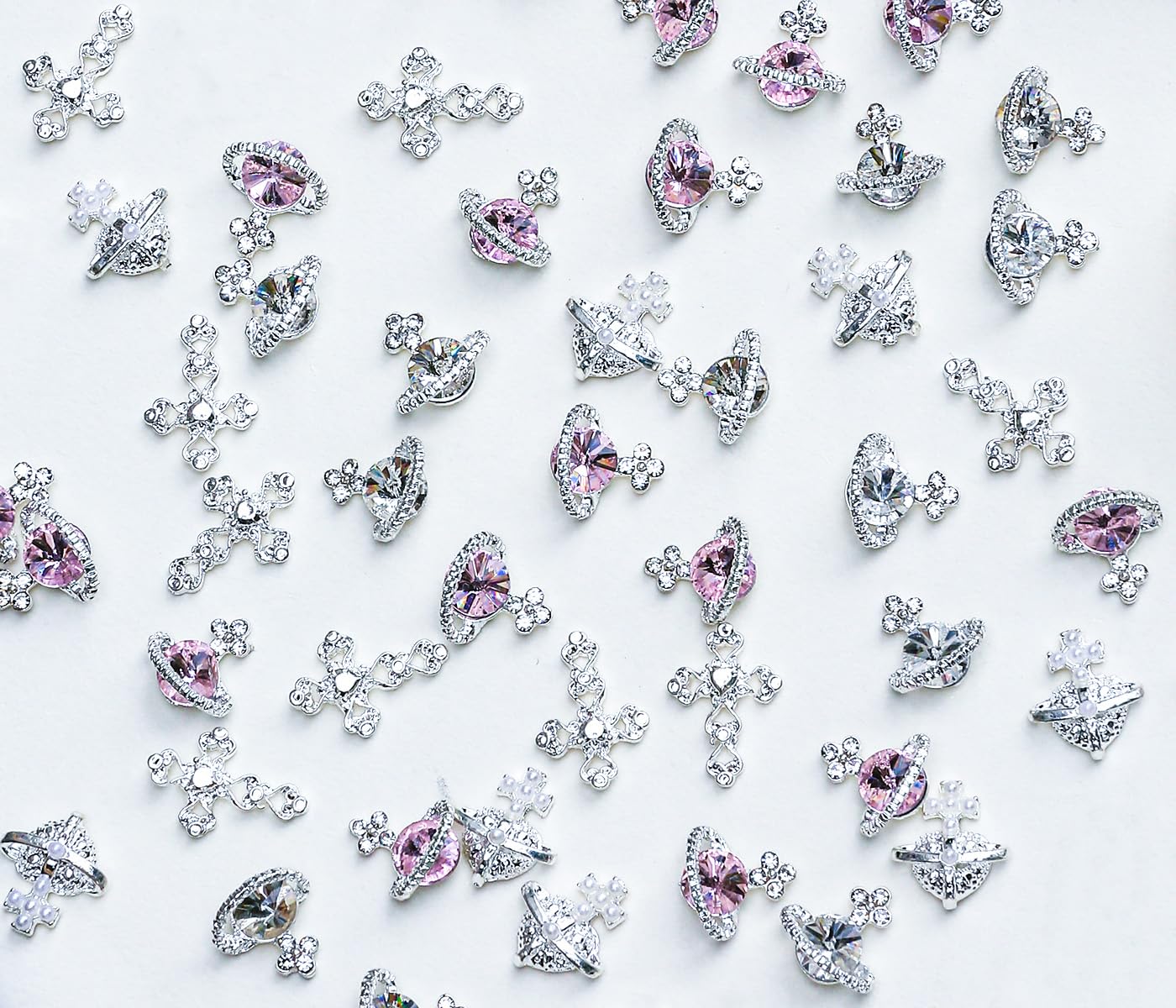 60pcs Planet Nail Charms with Gems, Y2K Sliver Cross Nail Art Charms, 3D Chrome Nails White Pink Saturn Shape Shiny Rhinestones Nail Supplies, Crystal Acrylic Charm for Women