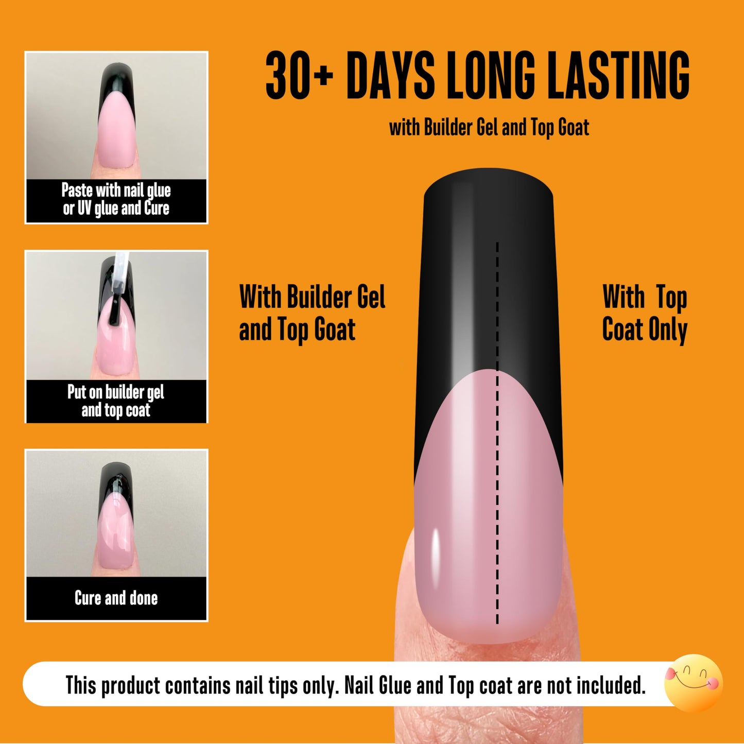 NOVO OVO Halloween Black XXL Curved Square French Tip Nail Tips Press on BERRY PINK, Full Cover Extra Thick Long XL Acrylic Hawk Curve Fake Extension Kit, Need Top Coat for Salon DIY 12 Sizes 144 pcs