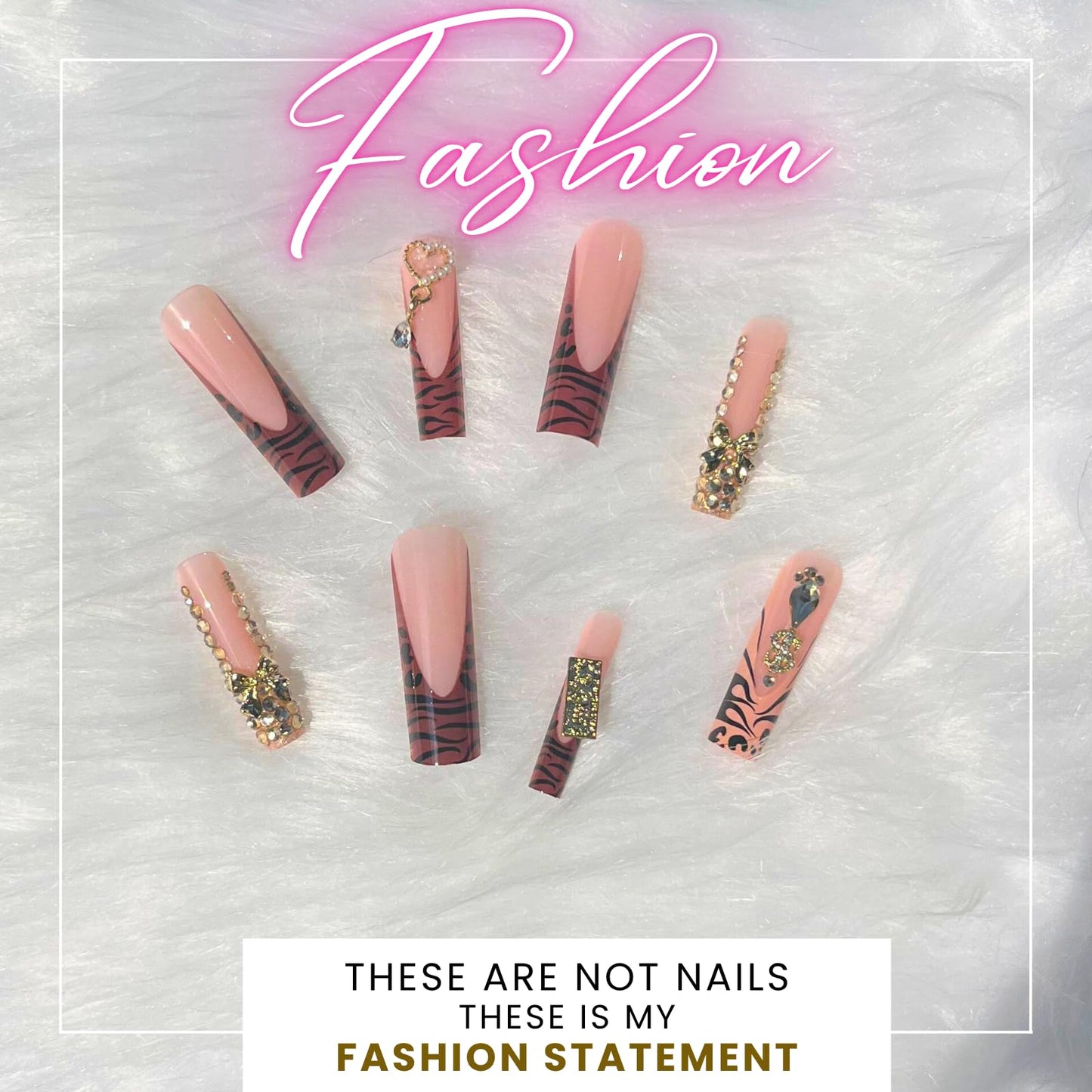 XL Junk Nails Press On – 24Pcs Gold Charm False Nails, French Tip Long Coffin Shape DIY Fake Nails for Women, Bling Rhinestones Nail Kit for Baddie Nail Look (Designs, long pink)