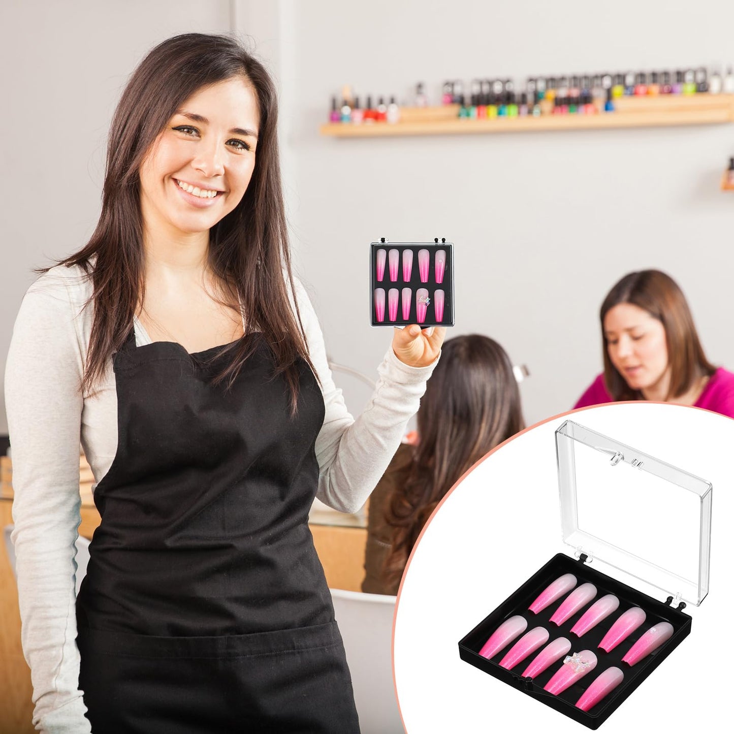 Landhoow 15 Pcs Press On Nail Boxes Nail Display Case with 30 Adhesive Tape, Artificial Press On Nail Container, Acrylic Storage Organizer(Clear, Black, Pink)