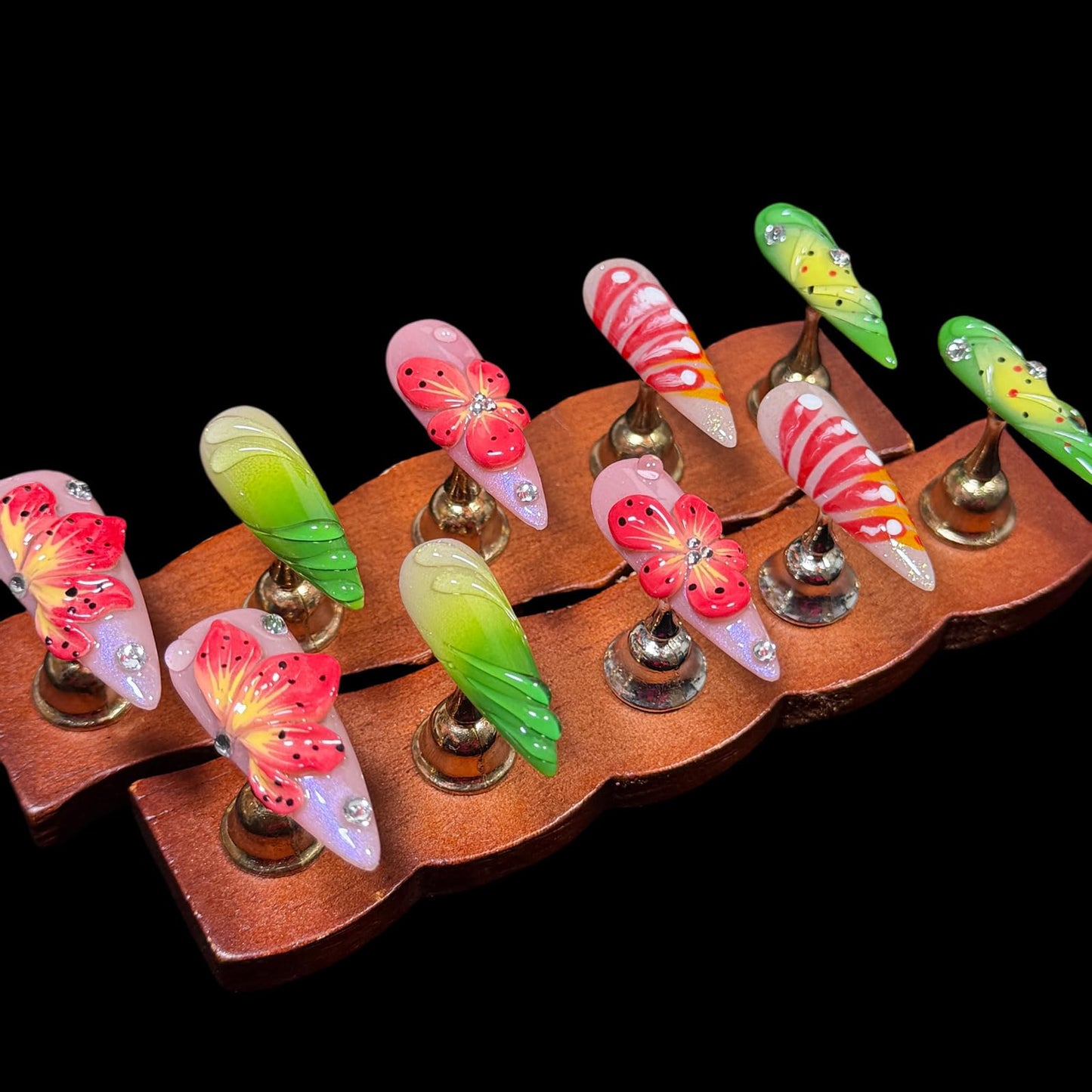 Handmade Press On Nails, Stiletto Shape, 3D Floral Botanical Muse Art, Vibrant Multi-Color Design, Thick Acrylic Fake Nails Set Tropical (L)