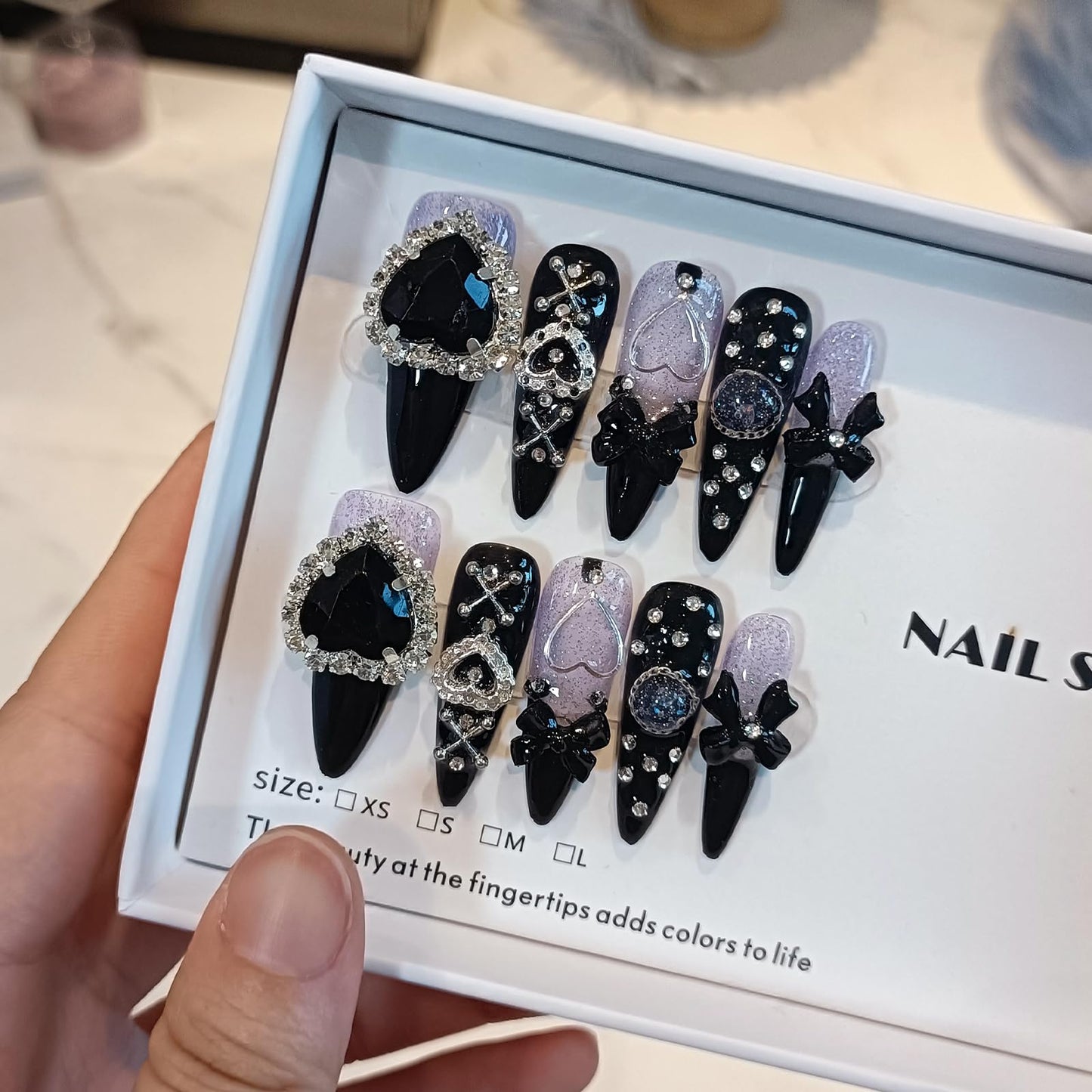 TENPAL Glam Punk Press on Nails Stiletto Almond Long,3D Heart Rhinestones&Metal Chains Designs,Black Glitter Purple Chrome Nails with Full Cover Micro Gems,Y2K Edgy Girly Streetwear Nails,10pcs XS