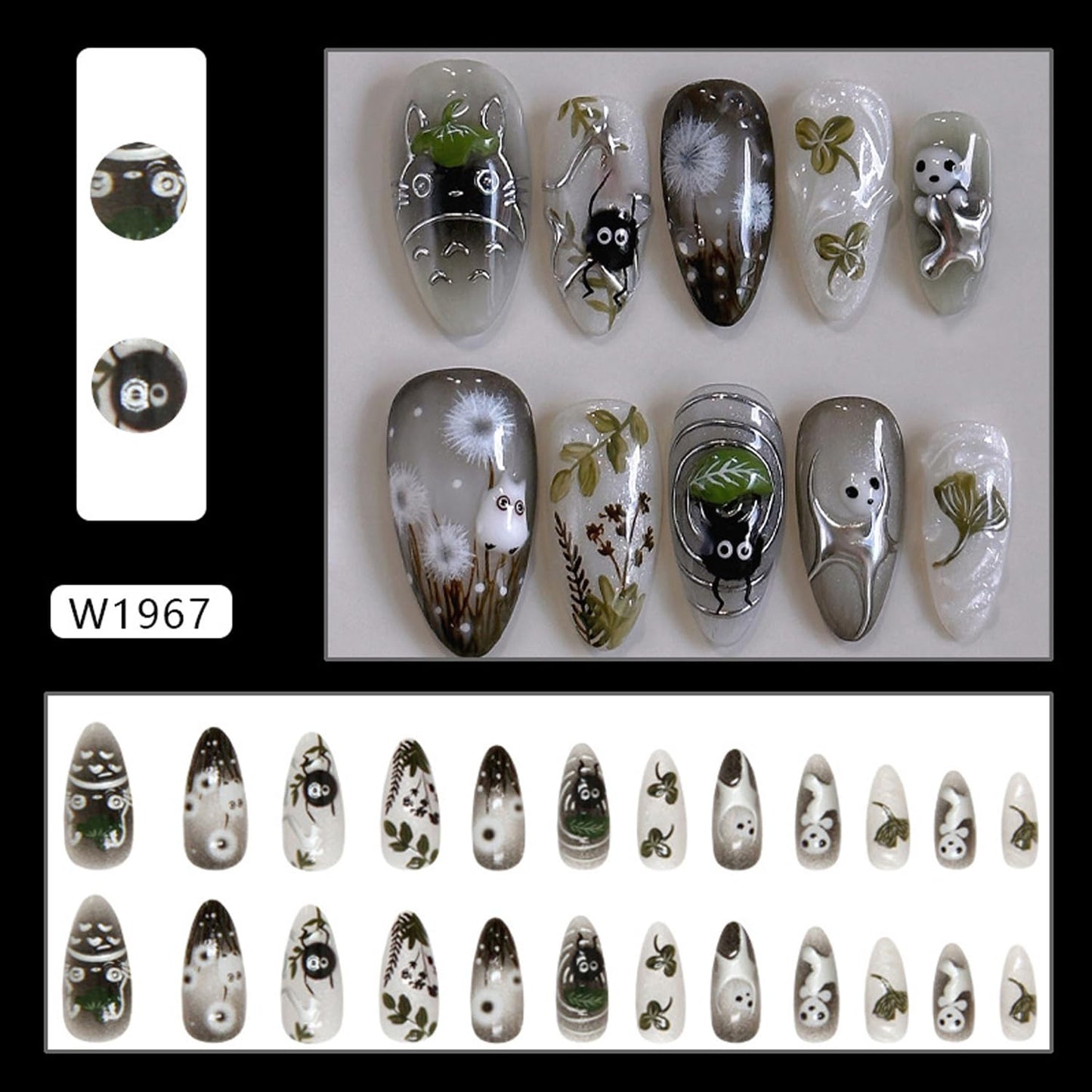 24Pcs Dark Press on Nails Medium Almond French Fake Nails Cute Pattern Design Full Cover Artificial Glue on Nails Almond Shape Acrylic Nails Cute Stick on Nails False Nails for Women DIY Tips